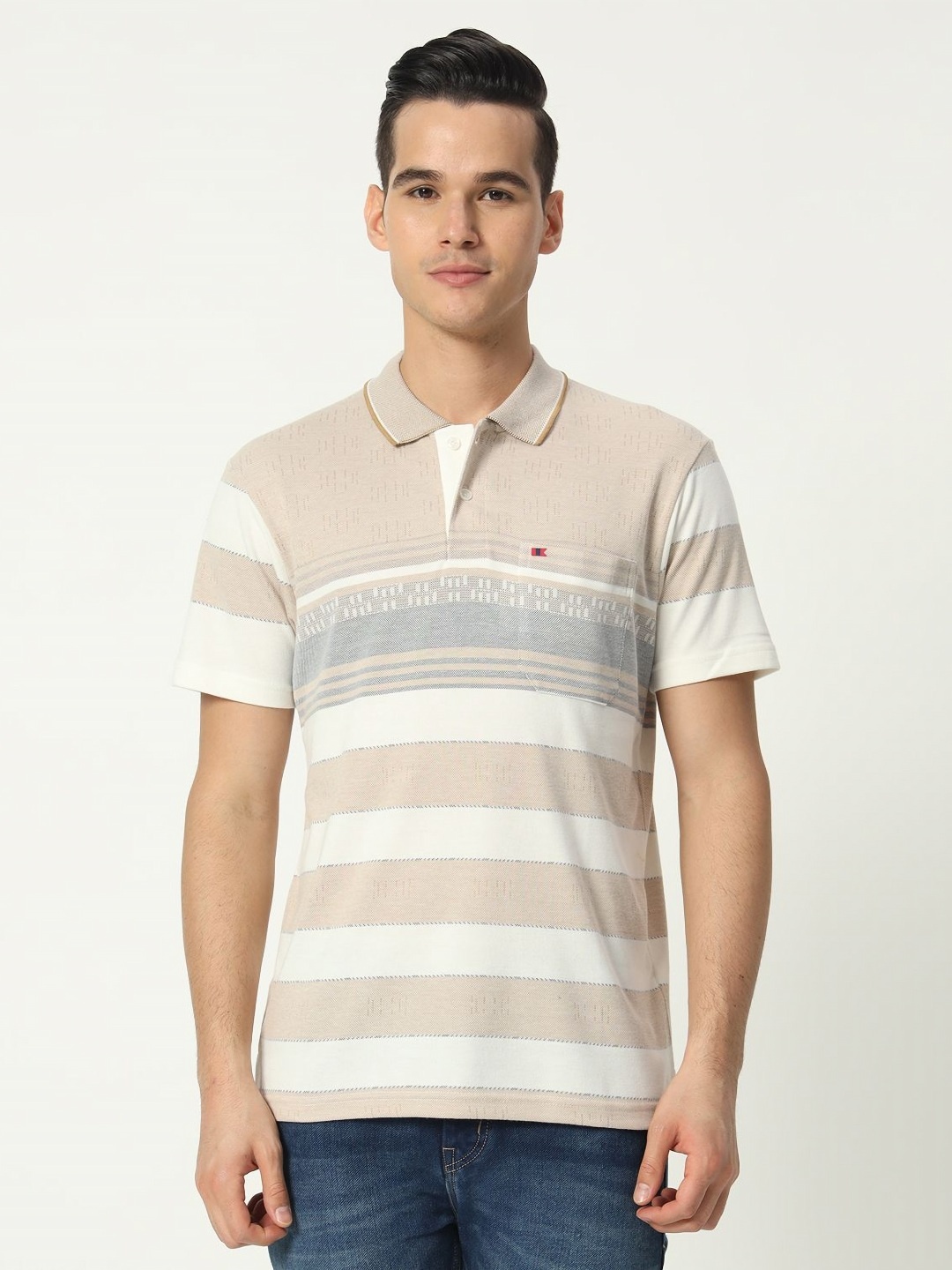 

TAB91 Men Striped Polo Collar Cotton T-shirt, Beige