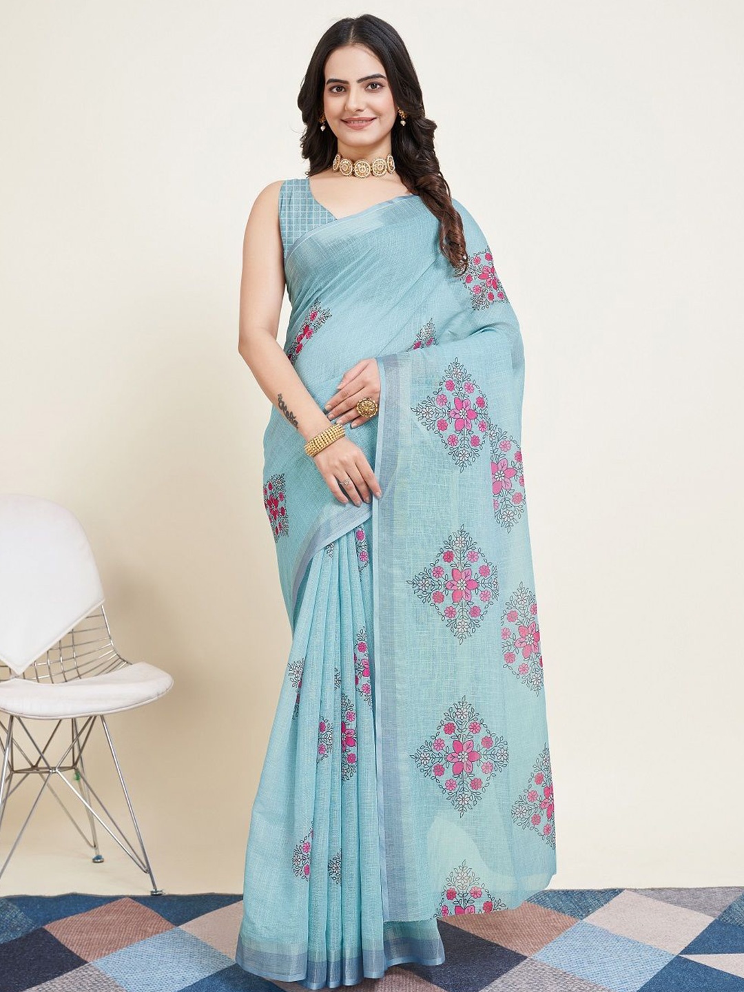 

SHOBHA SAREES Floral Zari Silk Cotton Saree, Blue