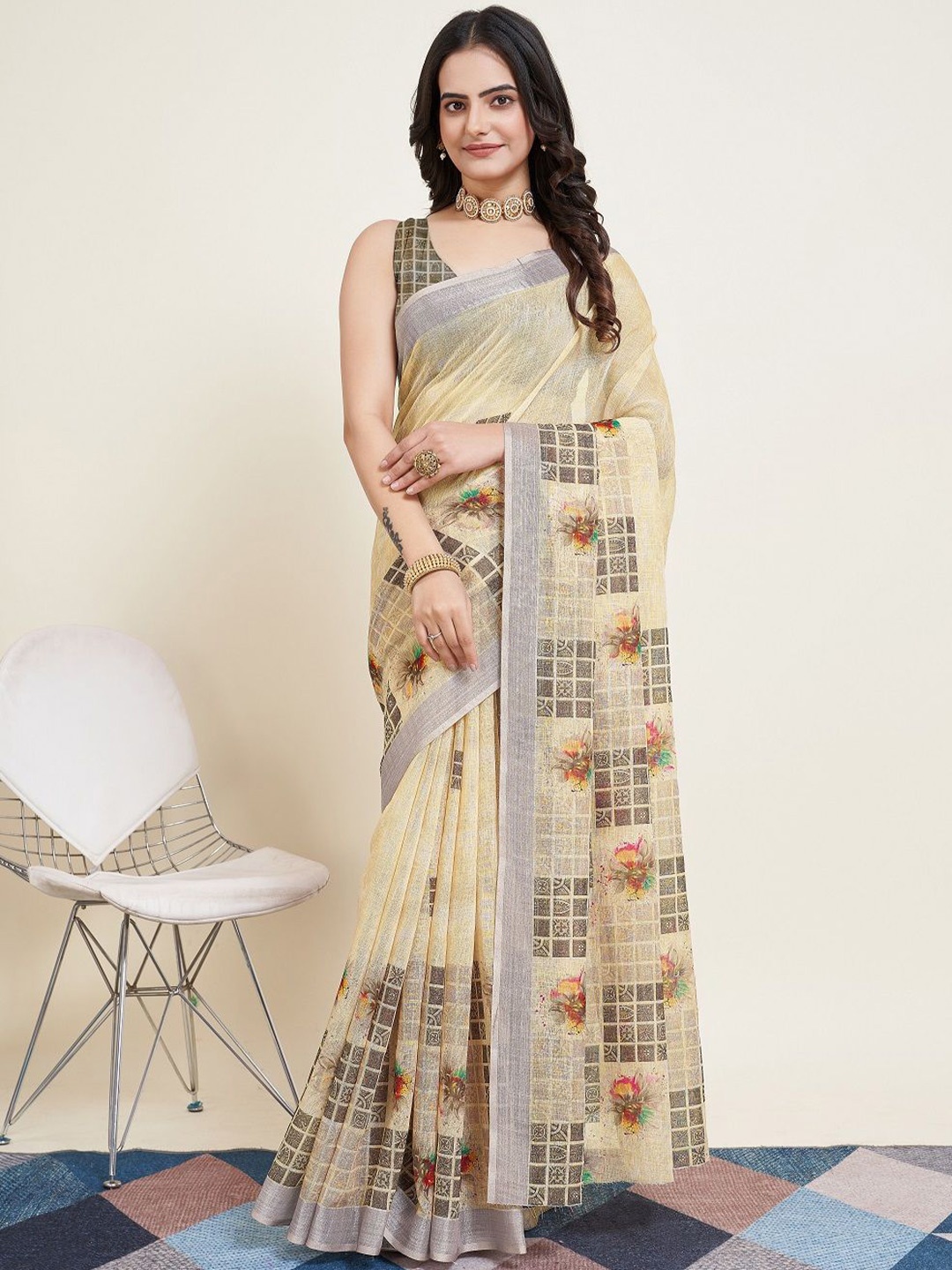 

LEOSAGI Floral Silk Cotton Saree, Beige