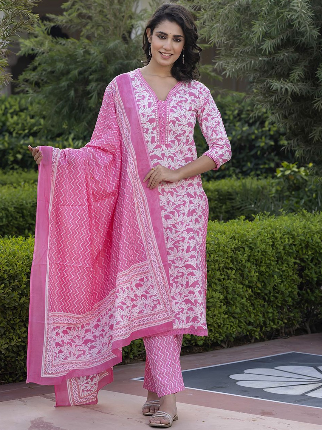 

KALINI Floral Printed Mirror Work Straight Pure Cotton Kurta With Trousers & Dupatta, Pink