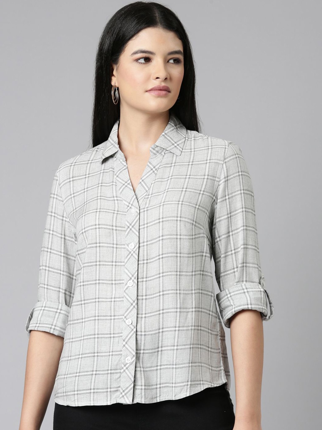 

Twin Birds Checked High Low Curved Hem Long Sleeve Casual Shirt, Grey