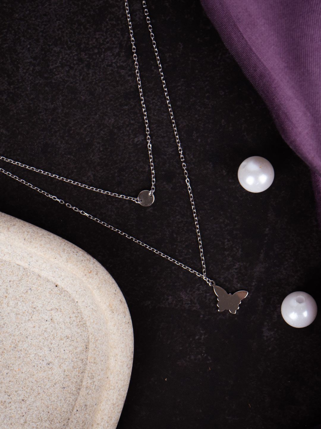 

GLYTERS Rhodium-Plated Butterfly Charm Layered Pendant With Chain, Silver