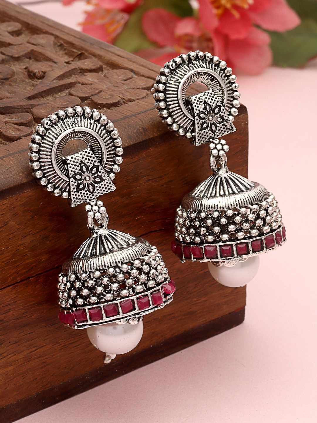 

PANASH Silver-Plated Dome Shaped Pearls & Stone Studded Oxidised Jhumkas
