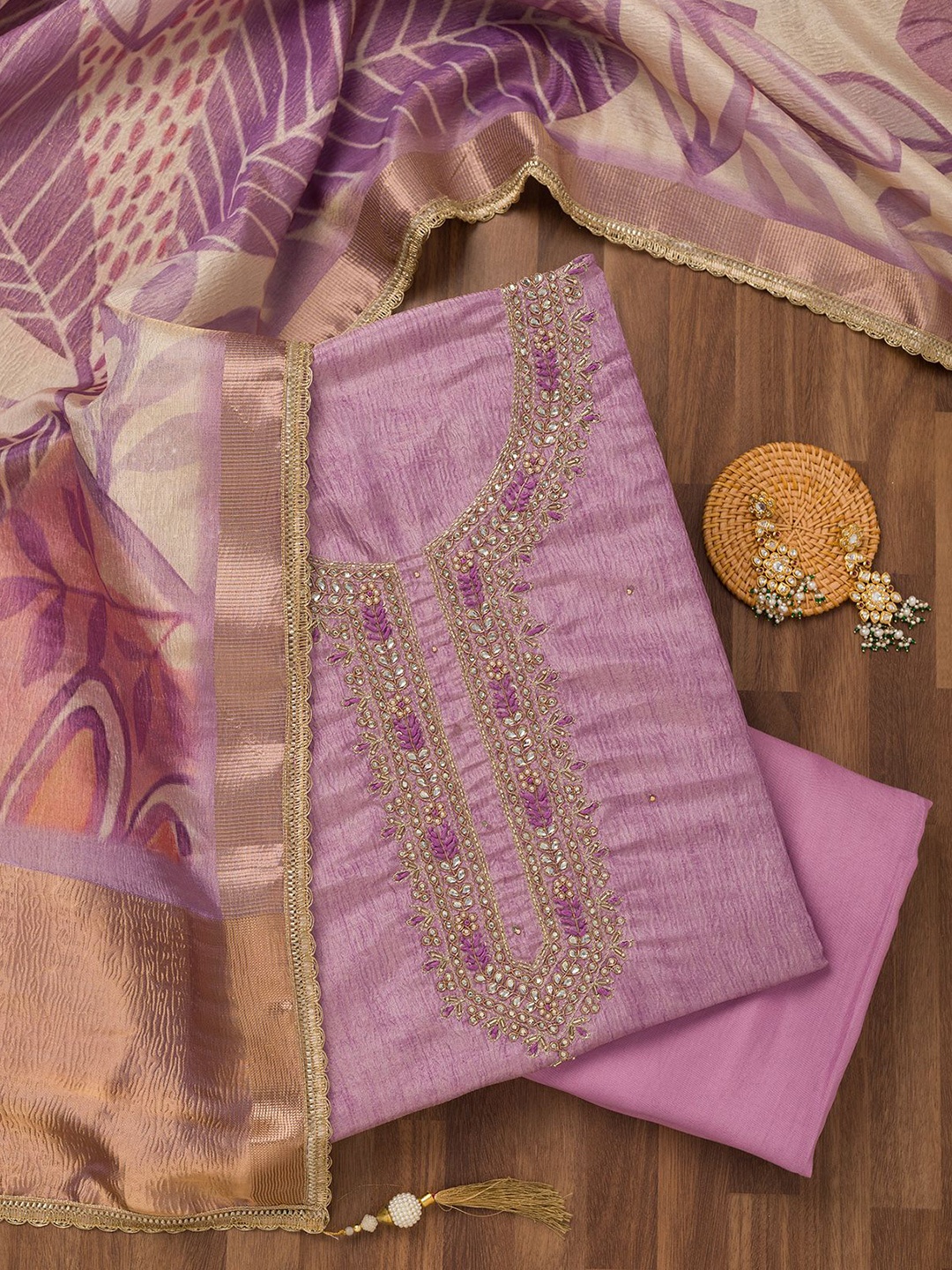 

Koskii Floral Embroidered Beads and Stones Unstitched Dress Material, Purple