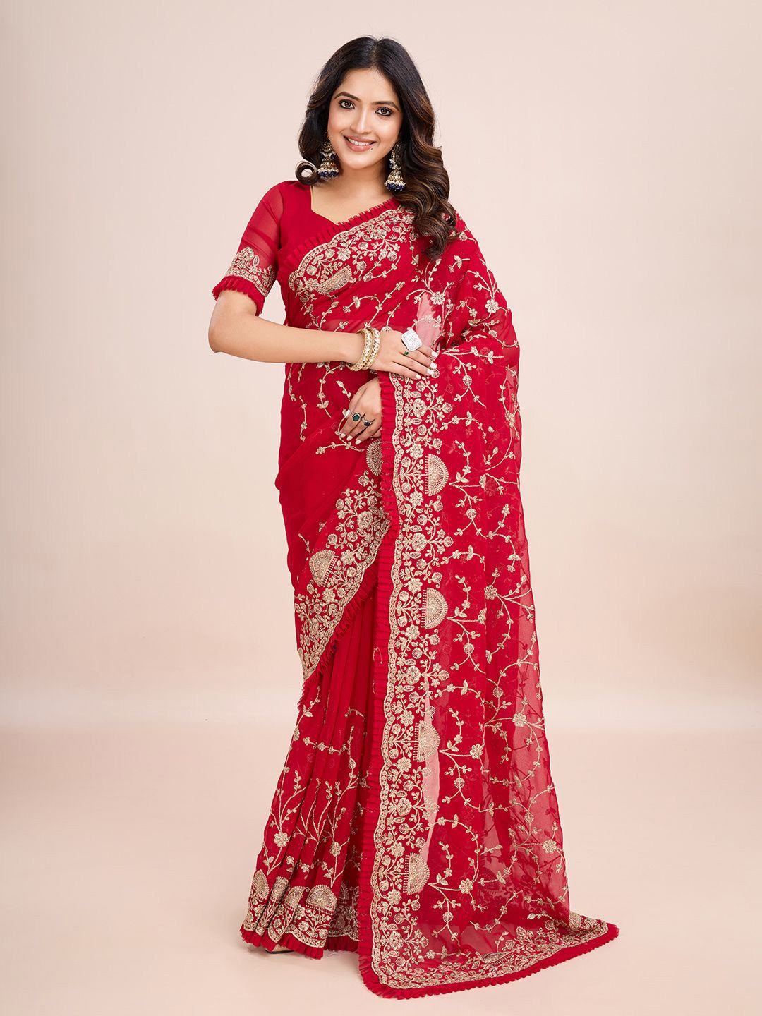 

kasee Floral Embroidered Pure Georgette Ready to Wear Saree, Red
