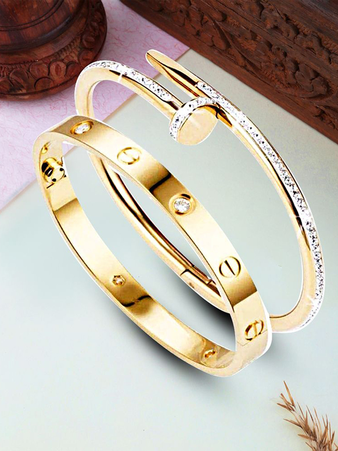 

MEENAZ Set Of 2 Gold-Plated American Diamond Stainless Steel Kada Bracelet