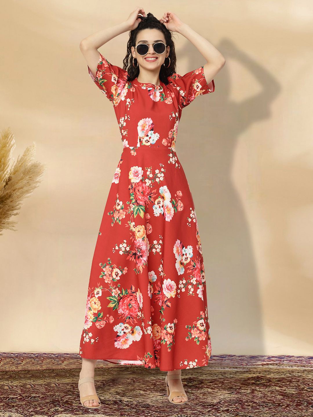 

BAESD Floral Print Applique Fit & Flare Dress, Red
