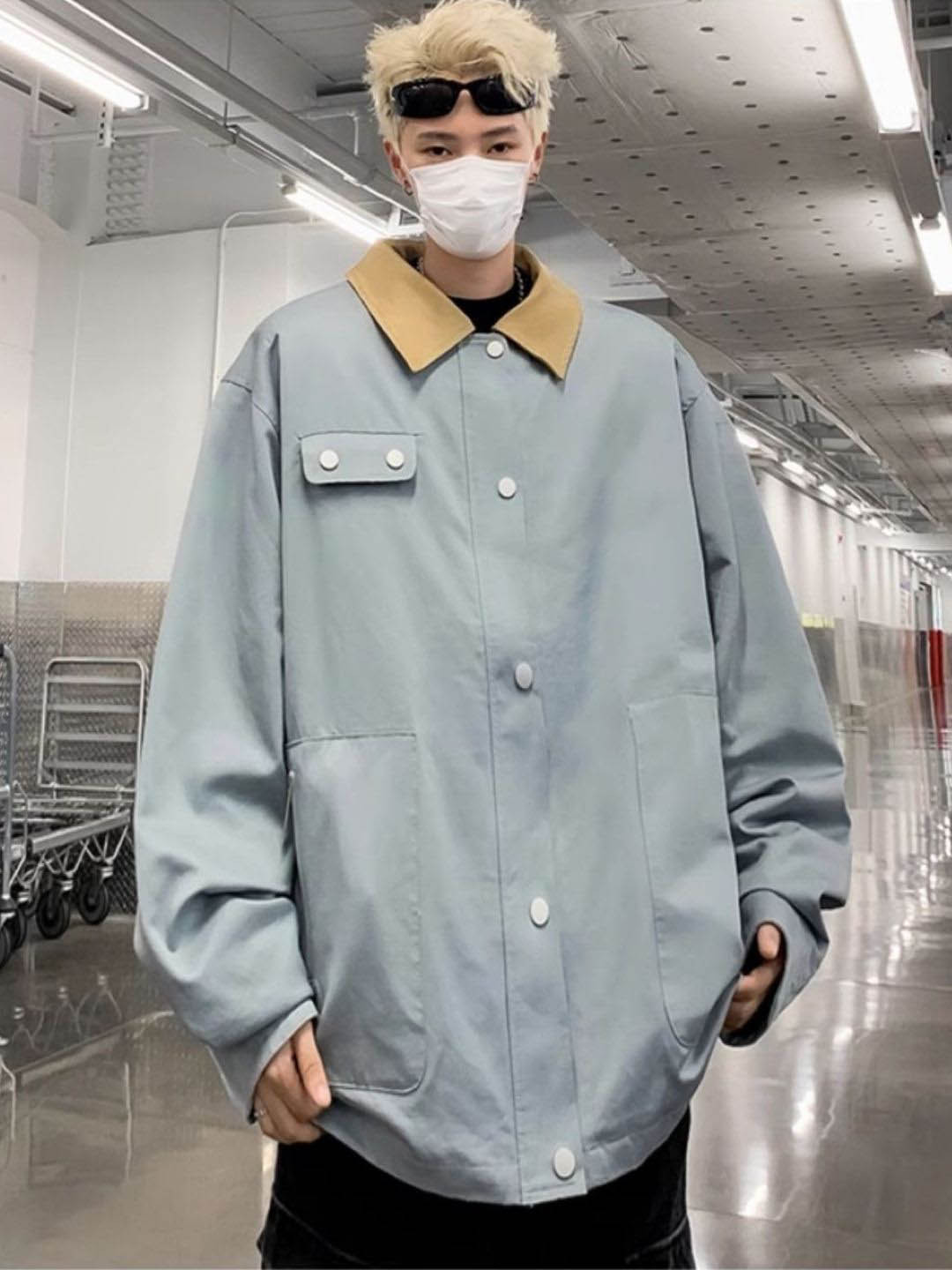 

HERE&NOW Men Spread Collar Solid Casual Bomber Jacket, Blue
