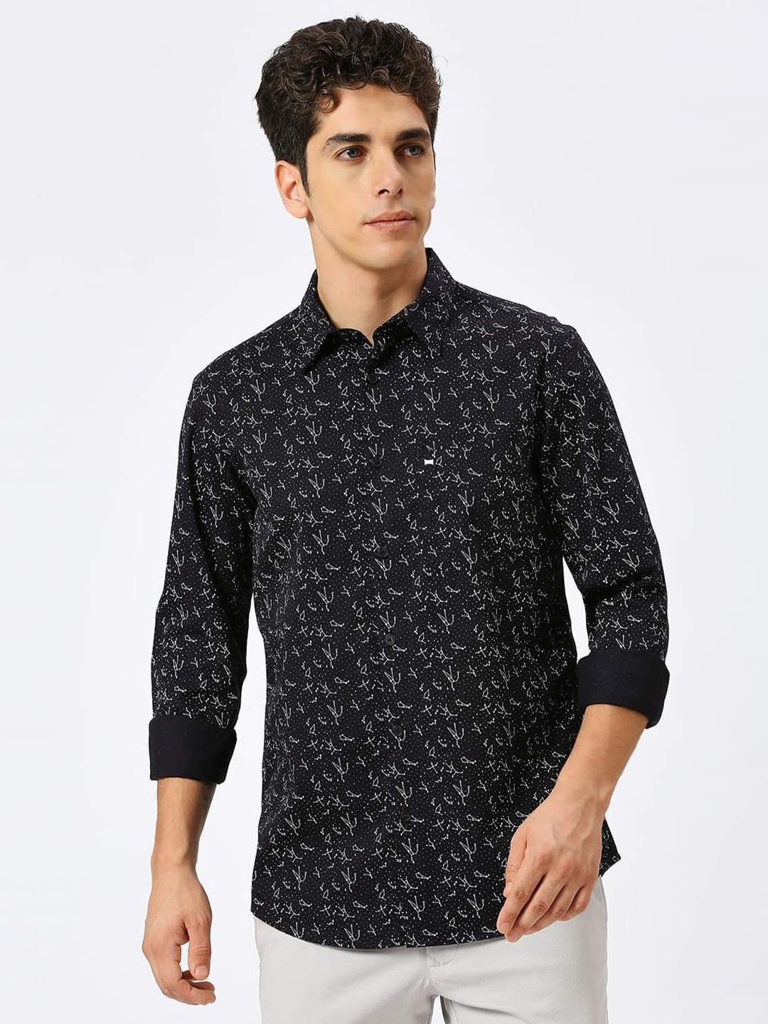 

Basics Men Abstract Printed Slim Fit Casual Pure Cotton Shirt, Black
