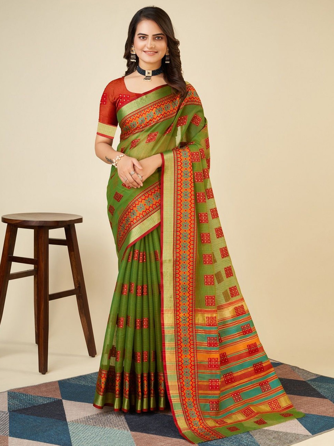 

LEOSAGI Woven Design Zari Silk Cotton Kota Saree, Green