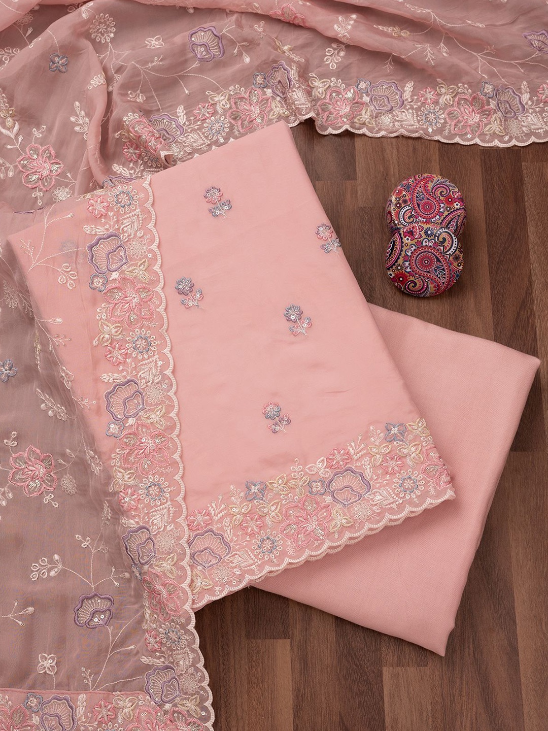 

Koskii Floral Embroidered Thread Work Unstitched Dress Material, Pink