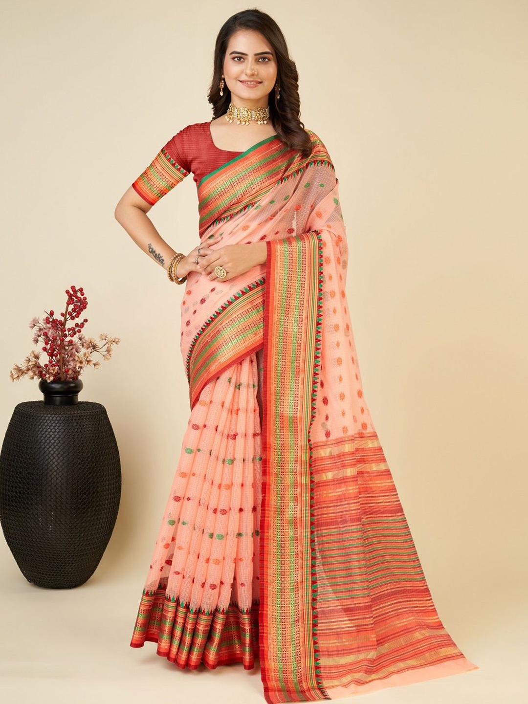 

SHOBHA SAREES Woven Design Zari Silk Cotton Kota Saree, Peach