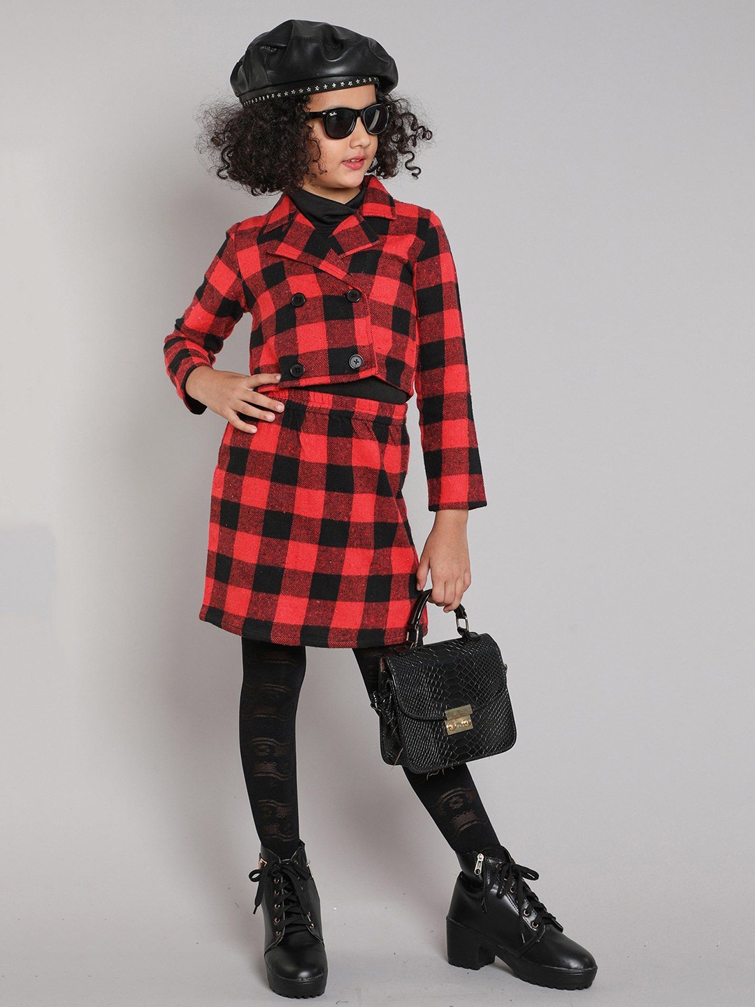 

taffykids Girls Checked Lapel Collar Long Sleeves Jacket With Skirt, Red