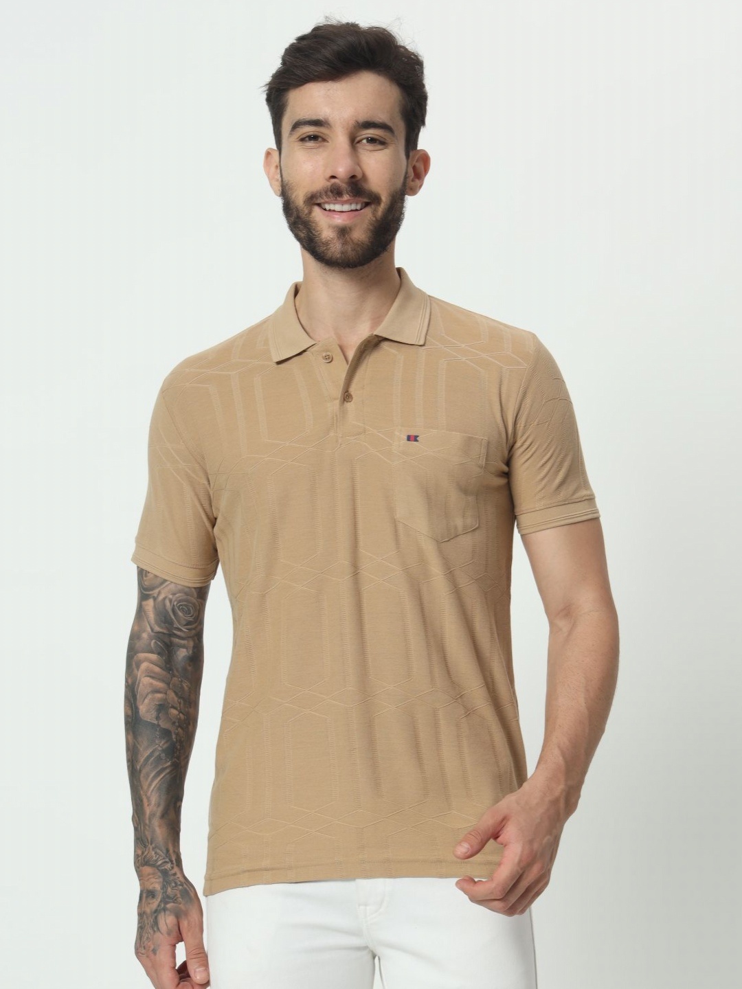 

TAB91 Men Self Design Polo Collar Cotton Slim Fit T-shirt, Beige