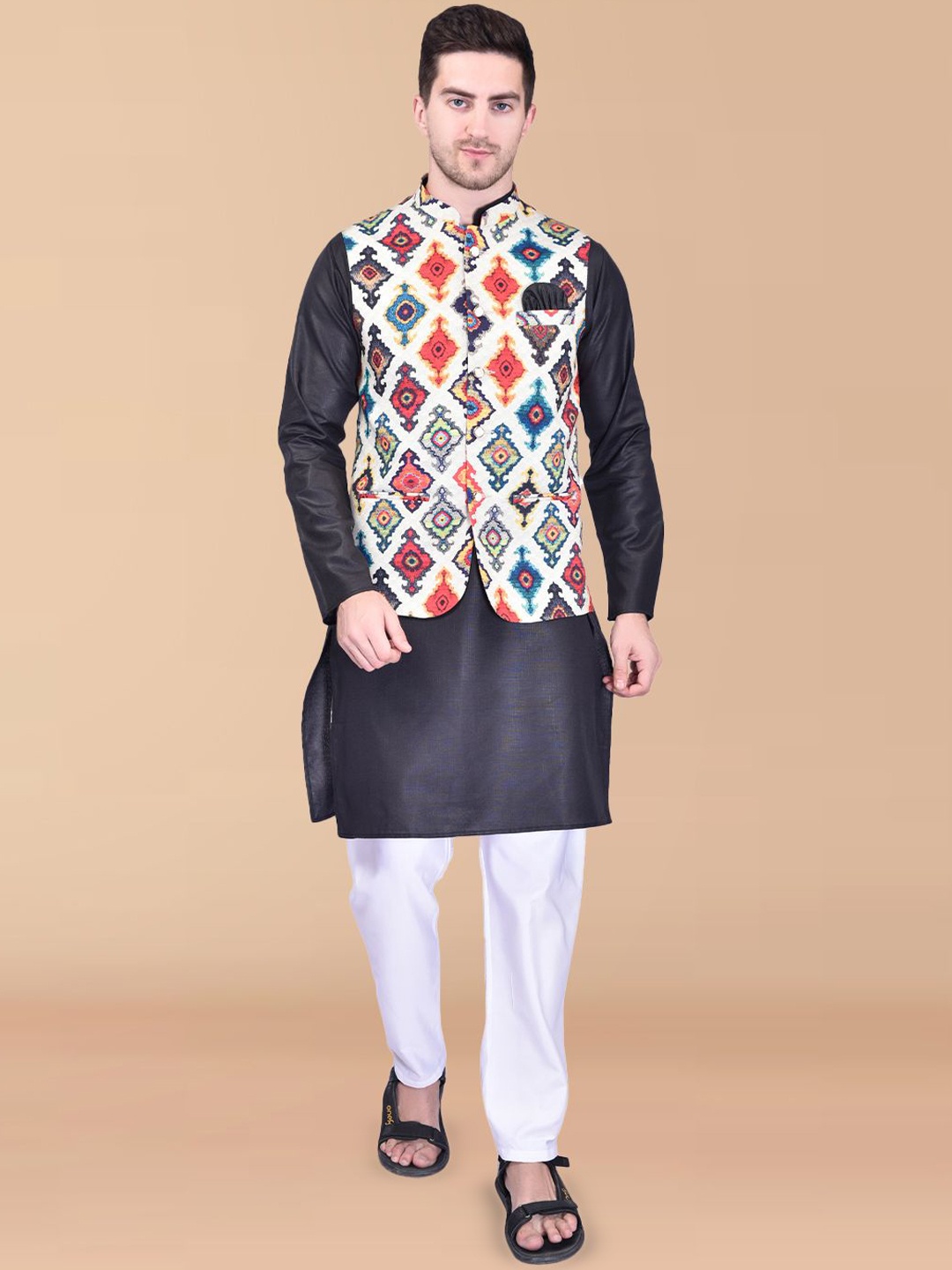 

PRINTINDIA Mandarin Collar Pure Cotton Kurta with Trouser & Nehru Jacket, Black