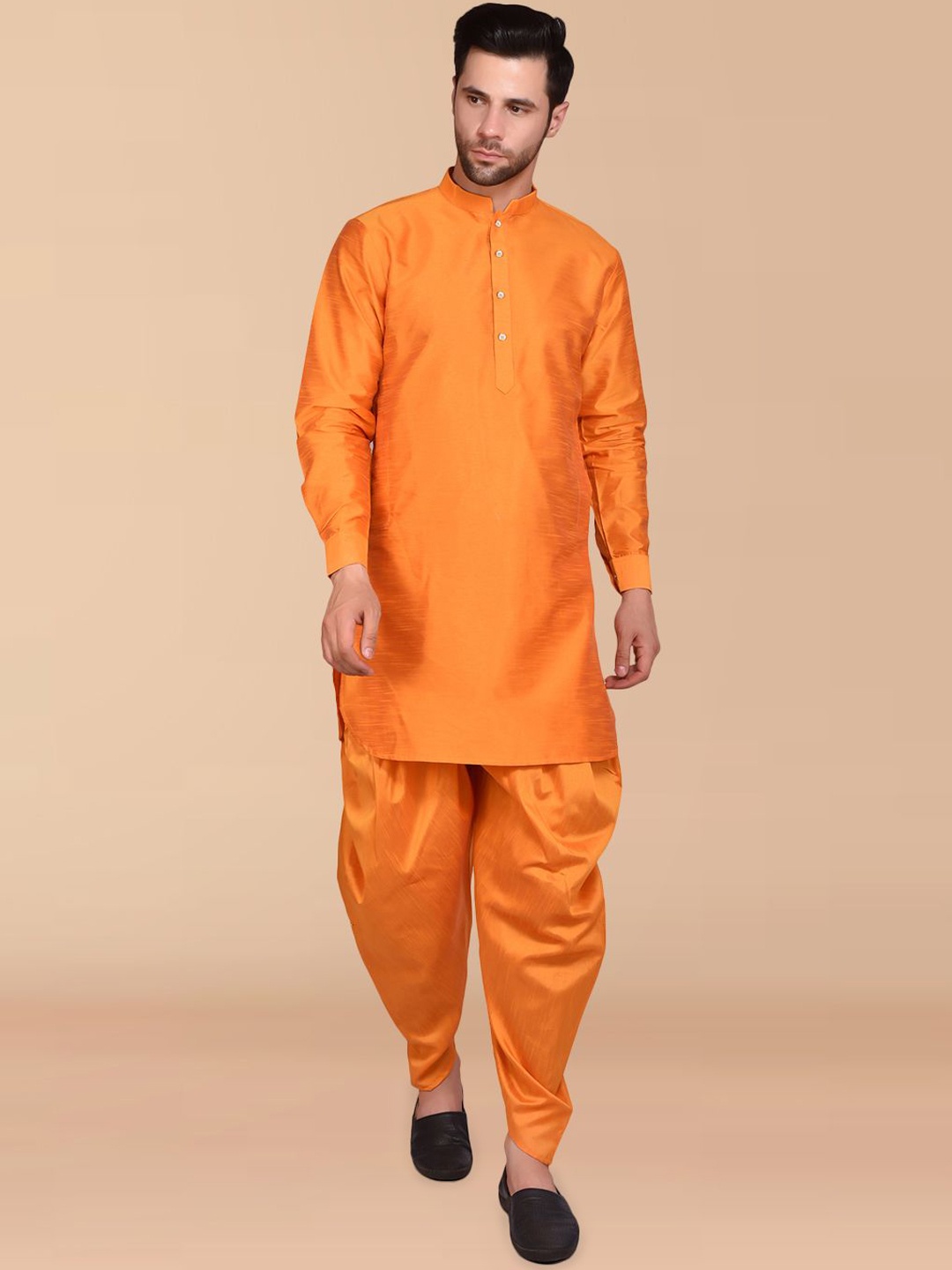 

PRINTINDIA Mandarin Collar Pure Silk Straight Kurta with Dhoti Pants, Orange
