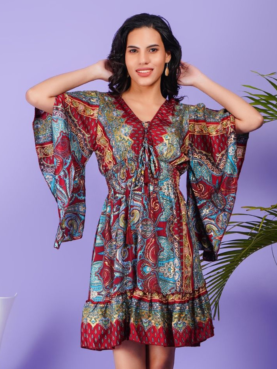 

Boholyfe Women Bohemian Printed Flared Sleeve A-Line Dress, Maroon