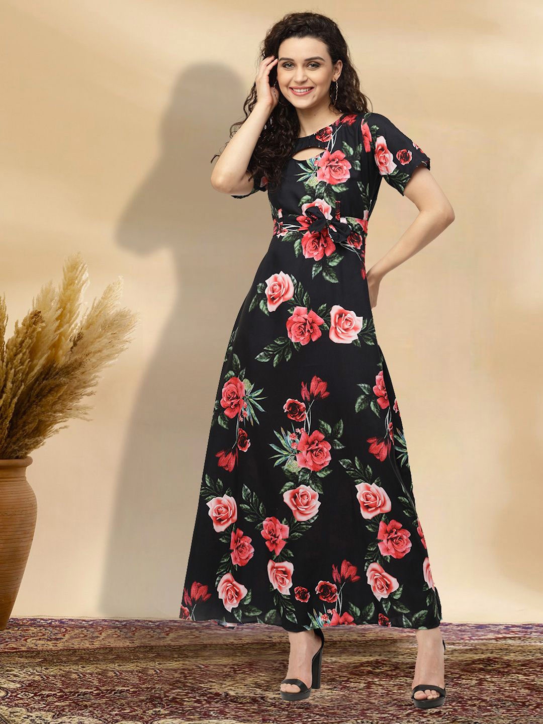 

BAESD Floral Print Keyhole Neck Applique Fit & Flare Dress, Black