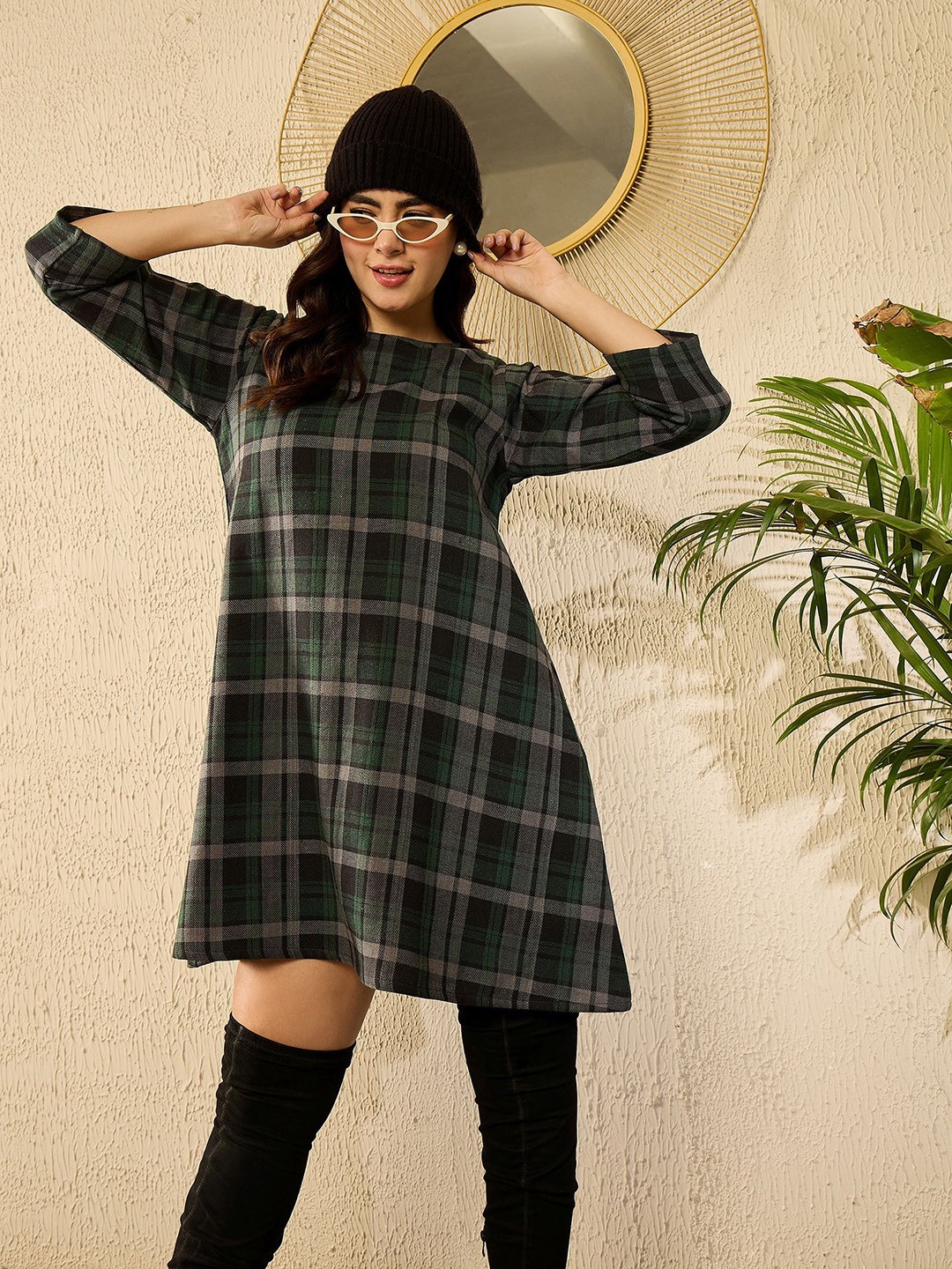 

InWeave Checked Acrylic A-Line Midi Dress, Green