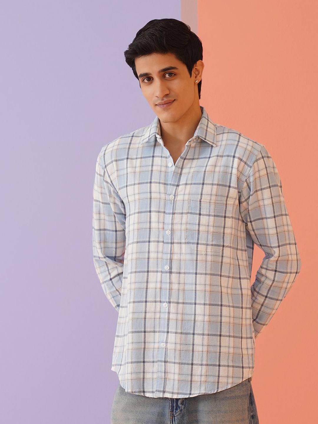 

Indian Needle Men Classic Spread Collar Tartan Checked Cotton Casual Shirt, White