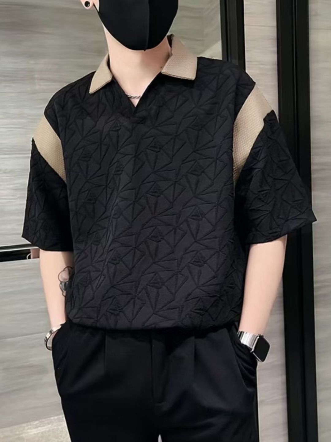

HERE&NOW Men Self Design Polo Collar Oversized T-shirt, Black