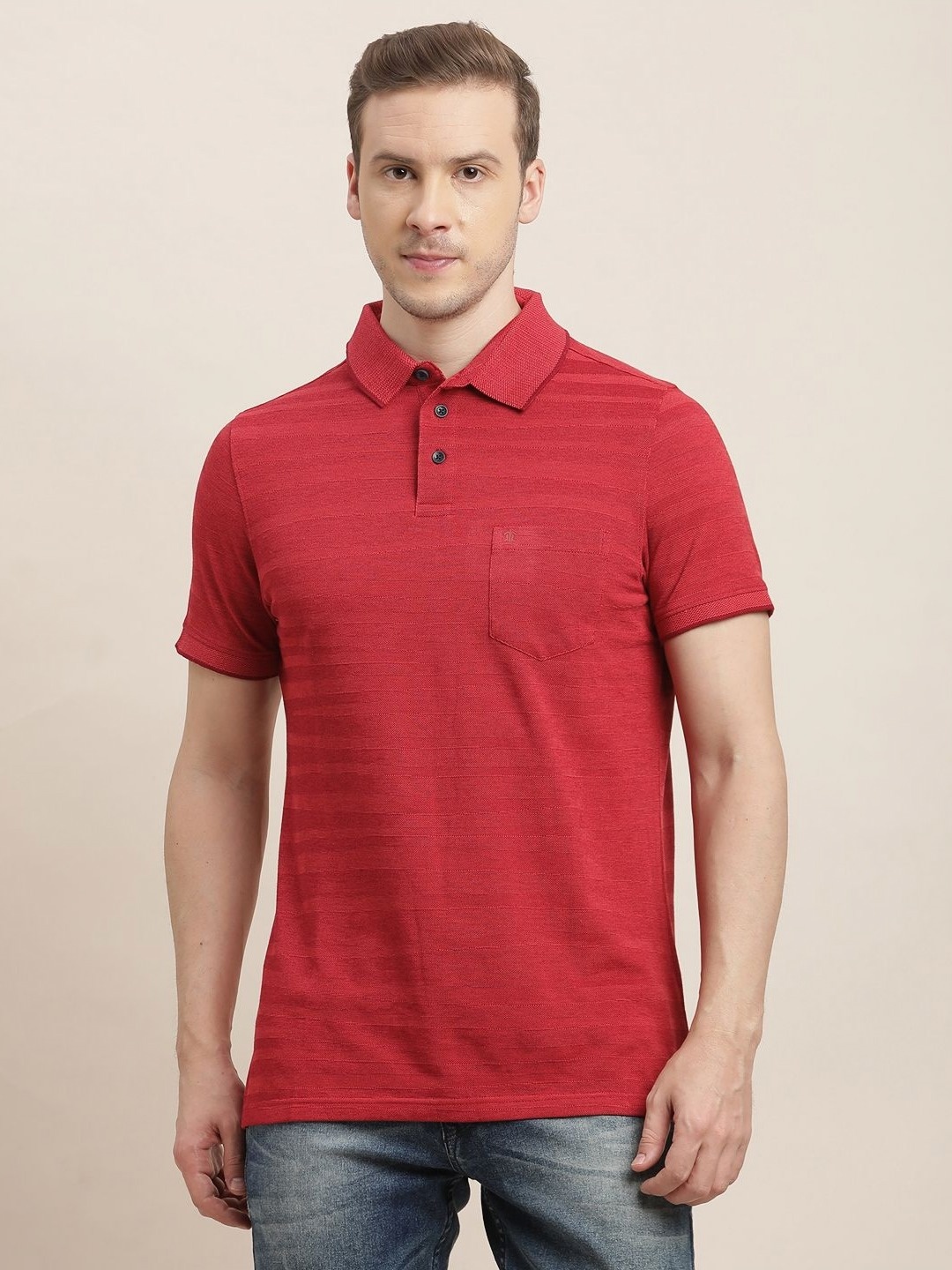 

Turtle Men Self Design Polo Collar Pure Cotton Slim Fit T-shirt, Red