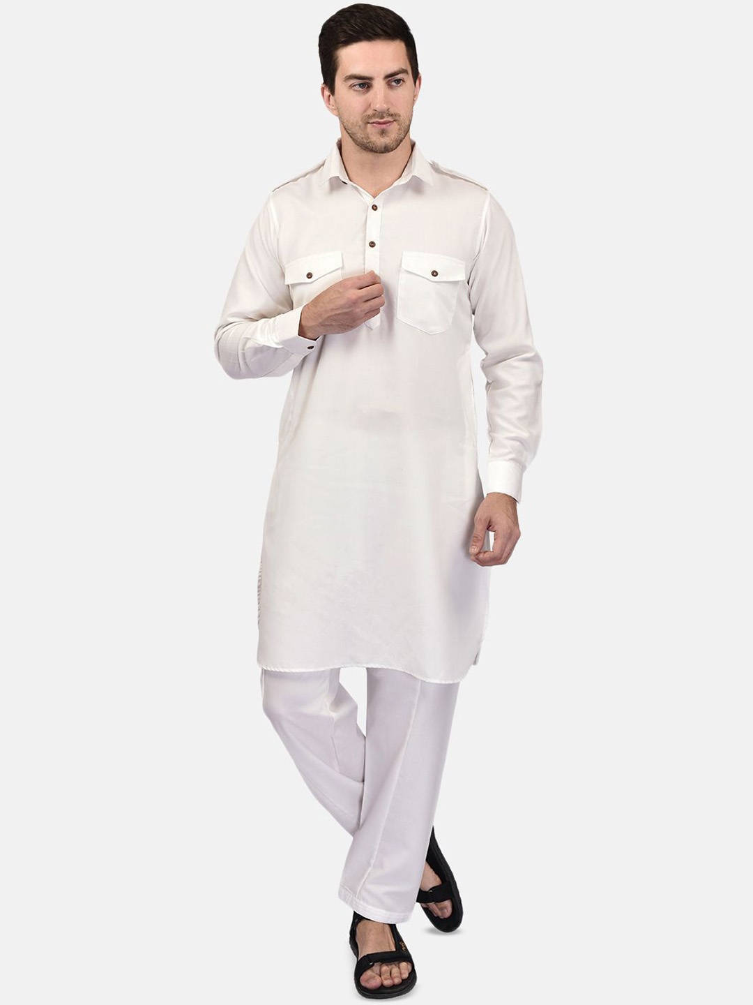 

PRINTINDIA Shirt Collar Pure cotton Pathani Kurta With Trousers, White