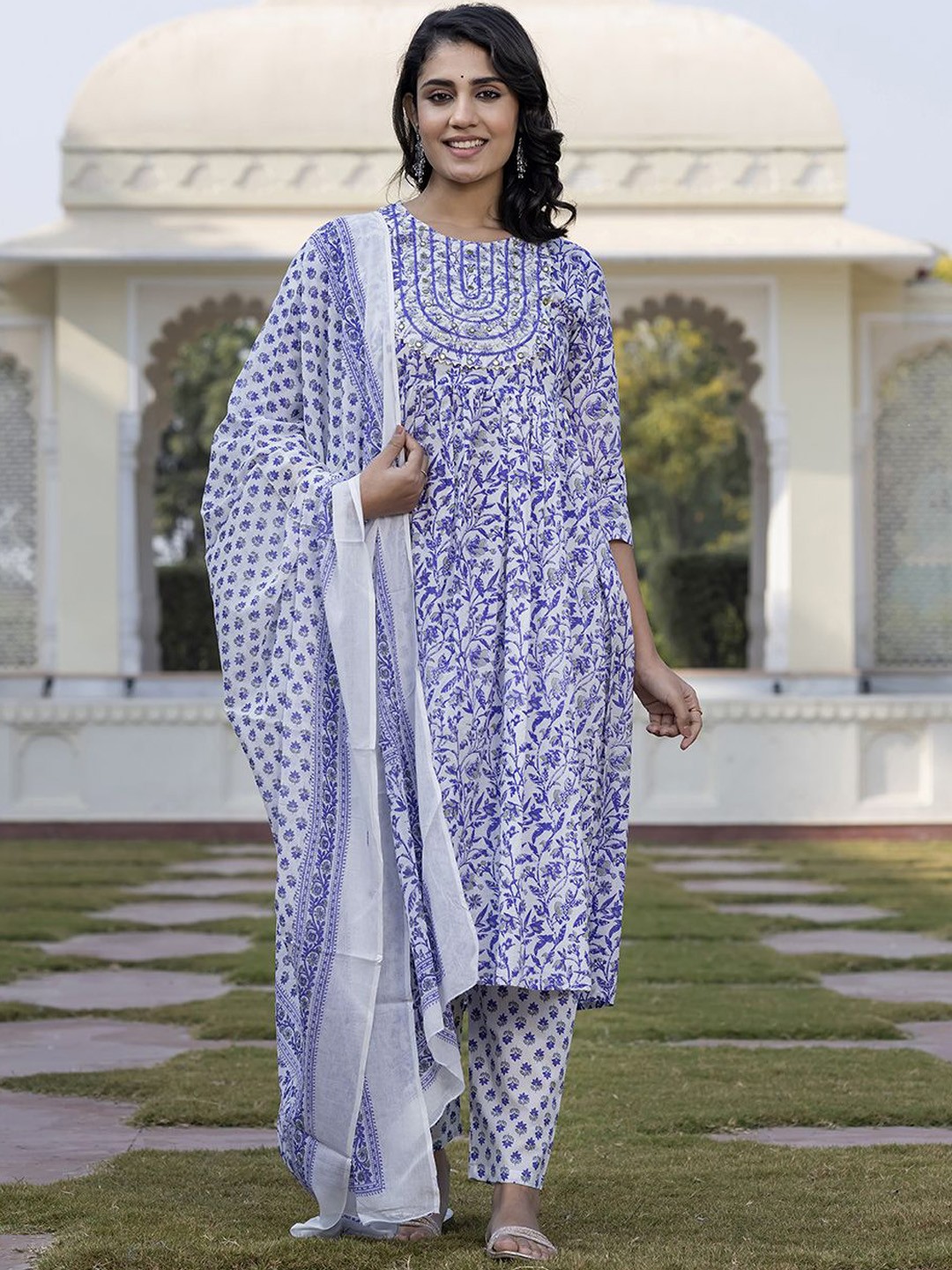 

KALINI Floral Printed Gotta Patti Pure Cotton Anarkali Kurta With Trouser & Dupatta, Blue
