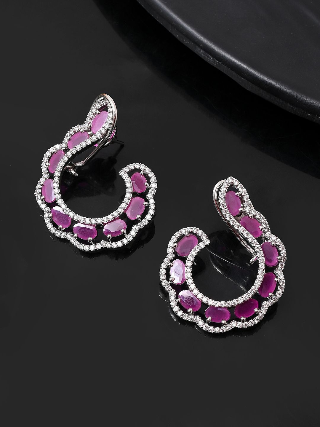 

Voylla Sparkling Rhodium Plated American Diamond Studded Contemporary Studs Earrings, Silver