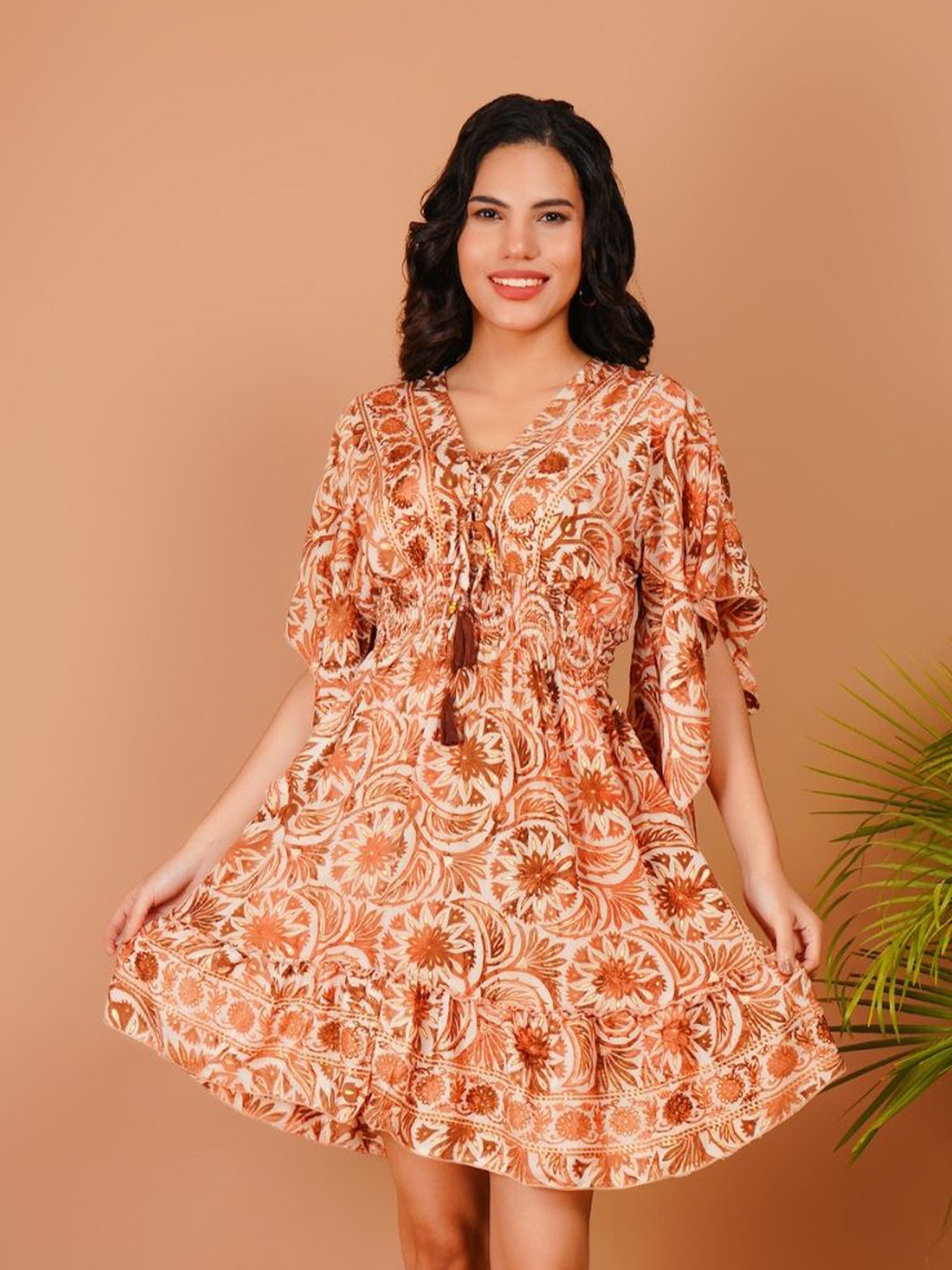 

Boholyfe Women Bohemian Printed Smocked A-Line Dress, Brown