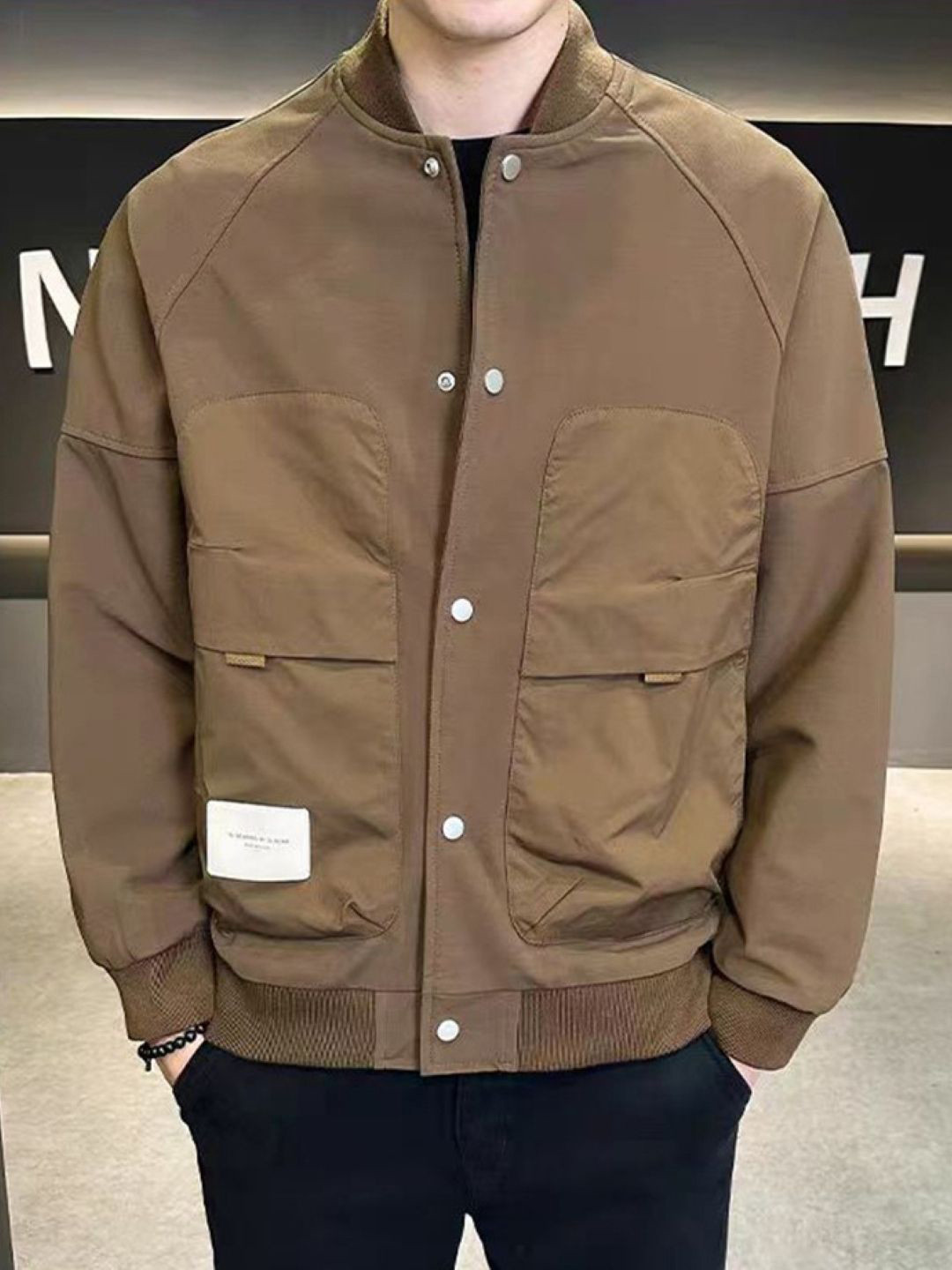 

HERE&NOW Men Stand Collar Solid Casual Bomber Jacket, Brown