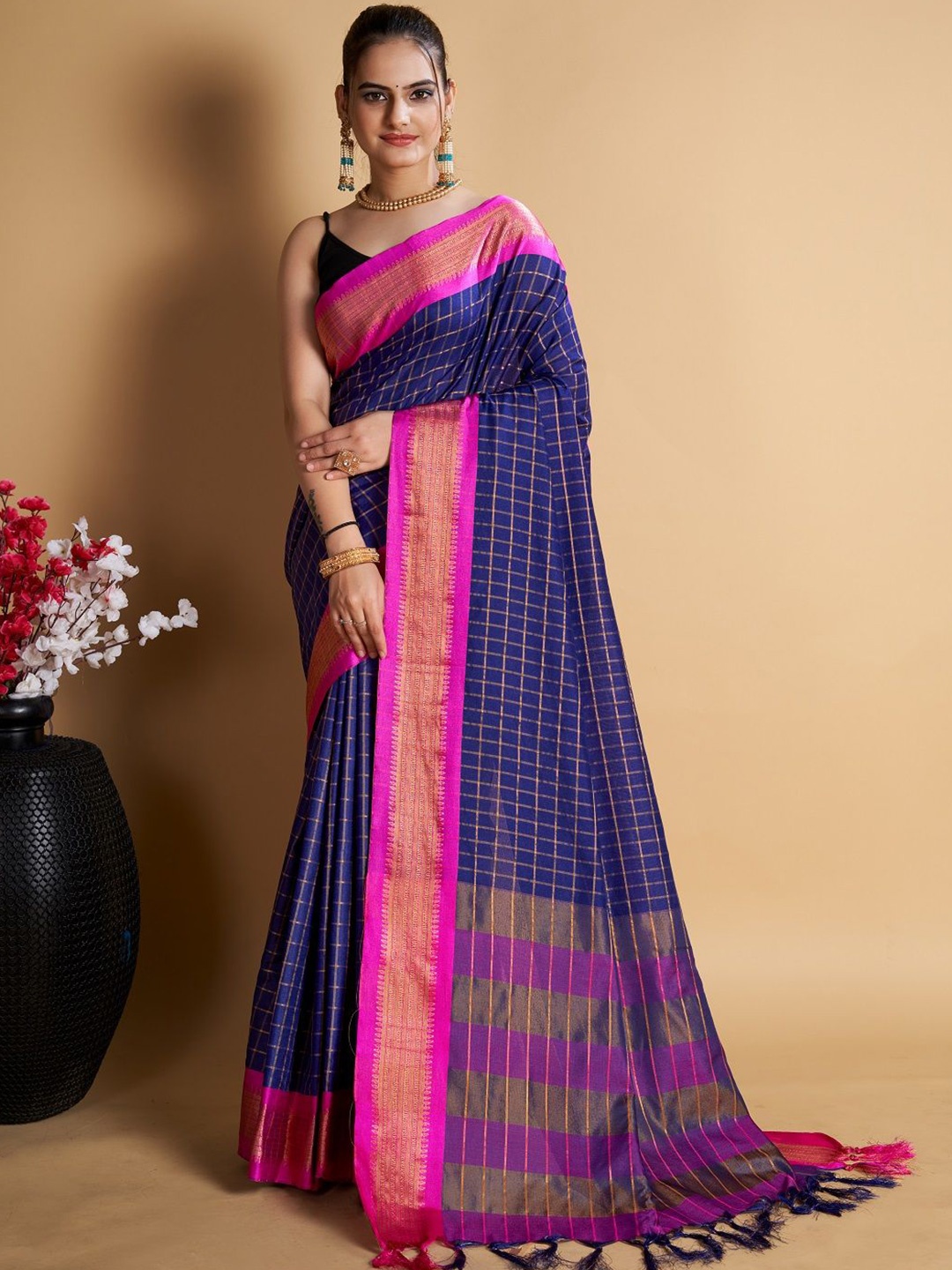 

SHOBHA SAREES Checked Zari Pure Silk Uppada Saree, Navy blue