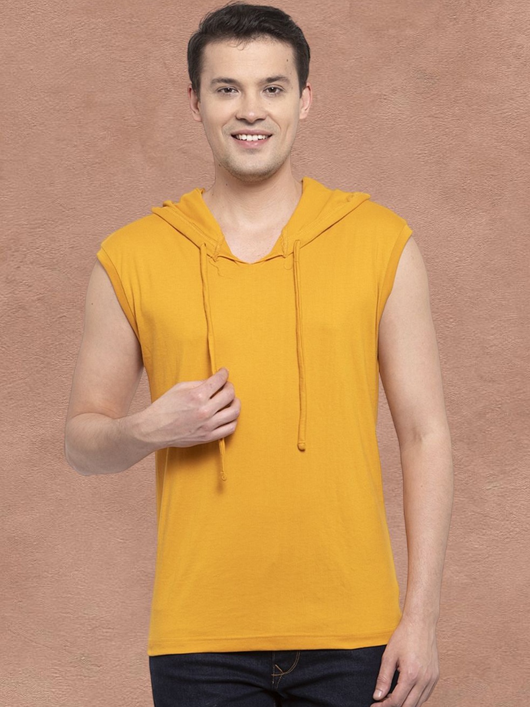 

Friskers Men Gold Cotton Solid Hoodie T-shirt