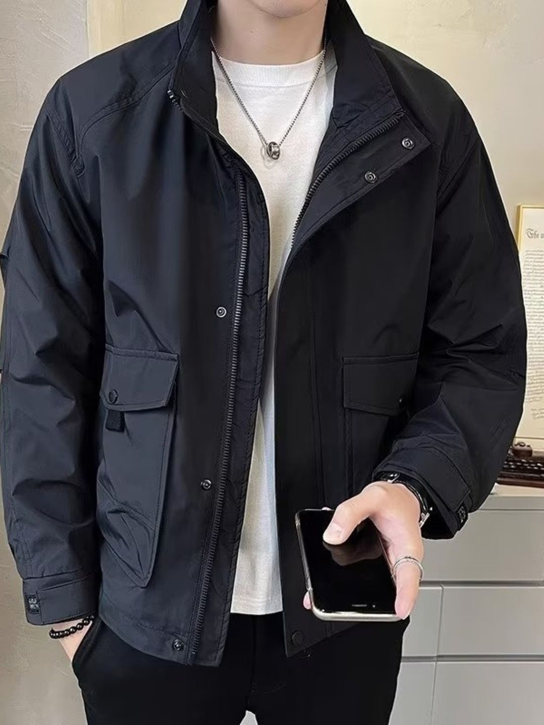 

HERE&NOW Men Spread Collar Solid Casual Bomber Jacket, Black