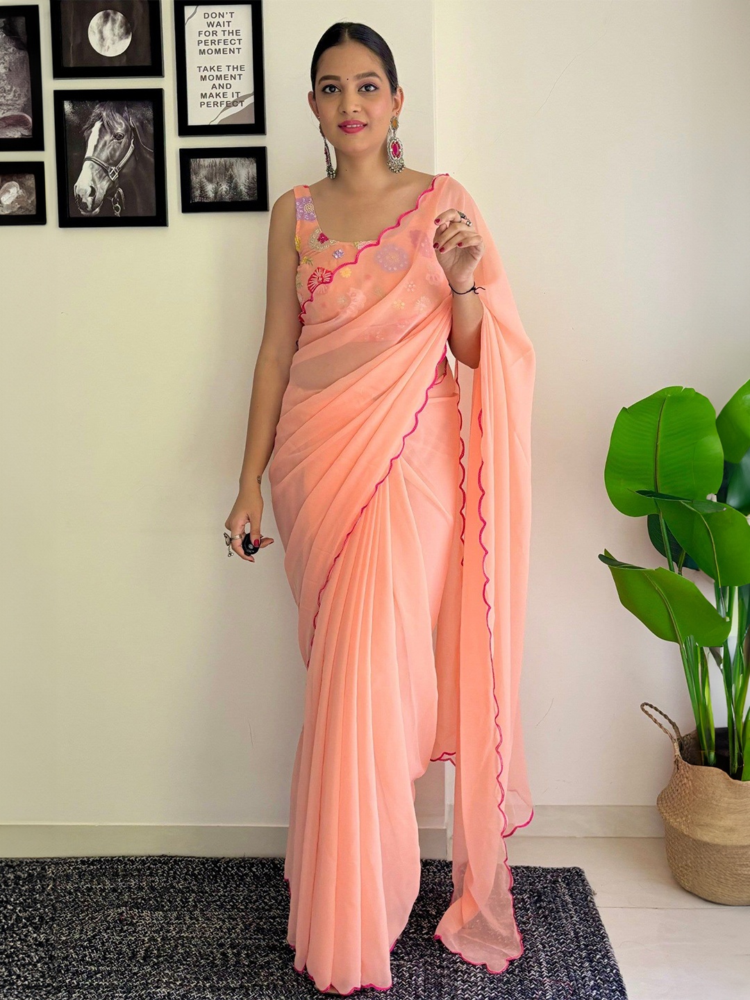 

LEOSAGI Embroidered Pure Georgette Saree, Peach