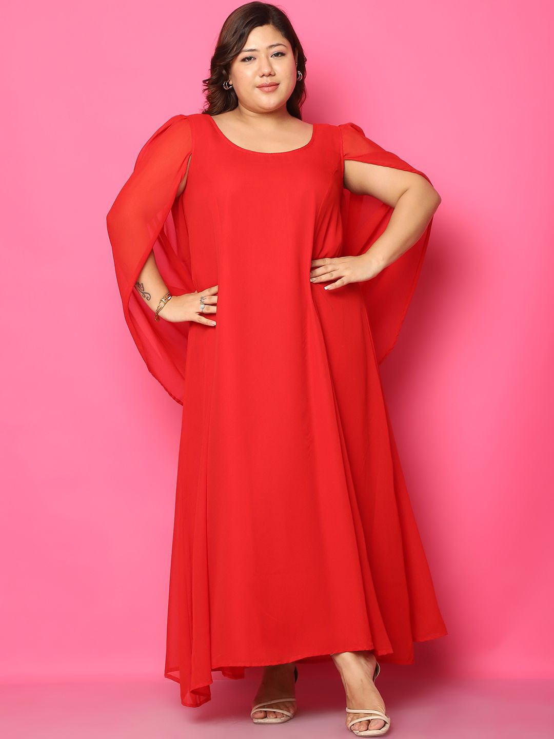 

theRebelinme Slit Sleeve Georgette A-Line Maxi Dress, Red