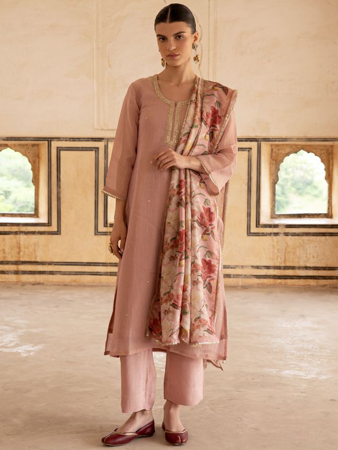 

KARAJ JAIPUR Women Embroidered Chanderi Cotton A-Line Kurta with Trousers & With Dupatta, Pink