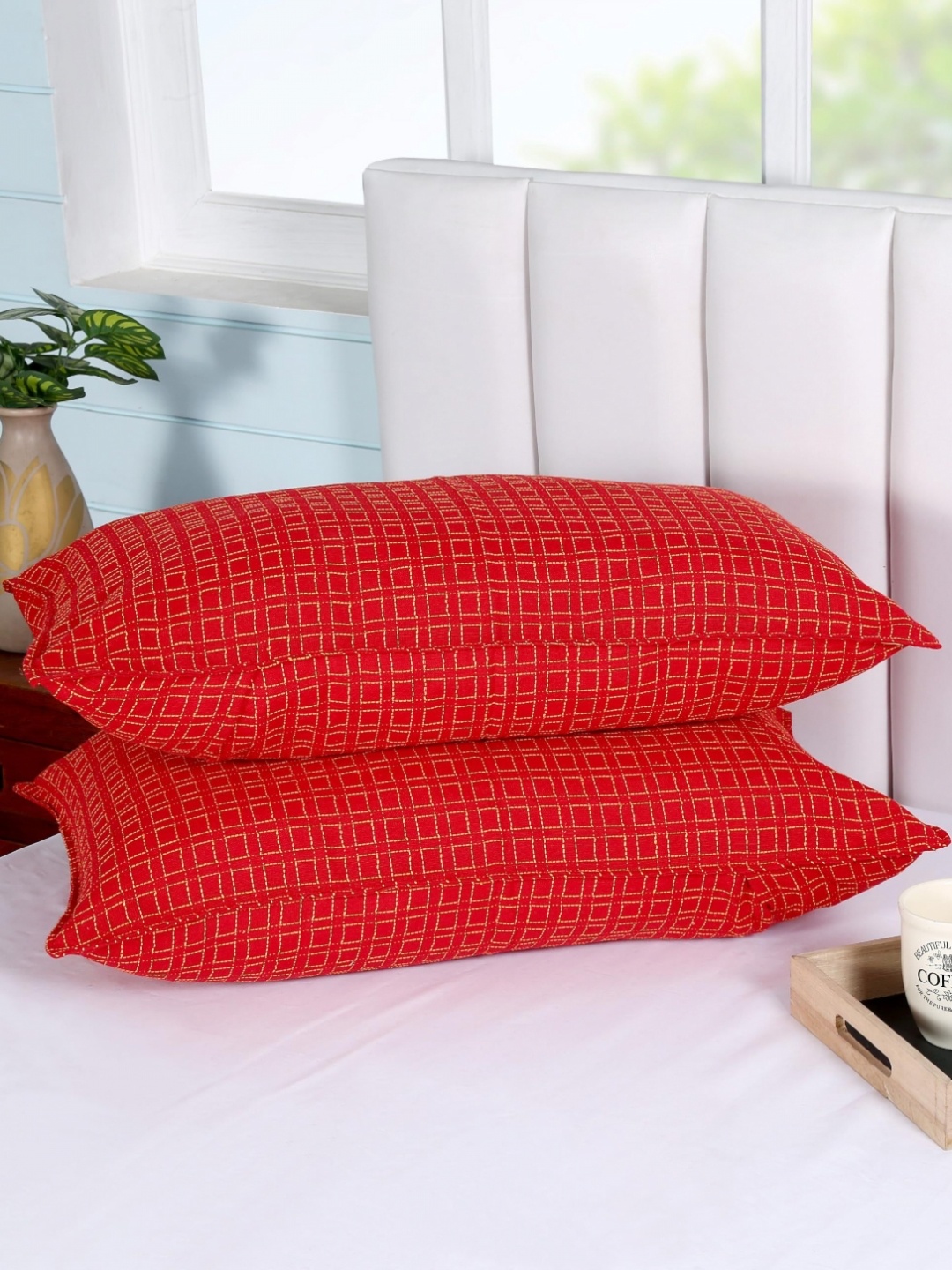 

RANGBHAR Red & Gold-Toned 2 Pieces Checked Pure Cotton Rectangle Pillow Covers