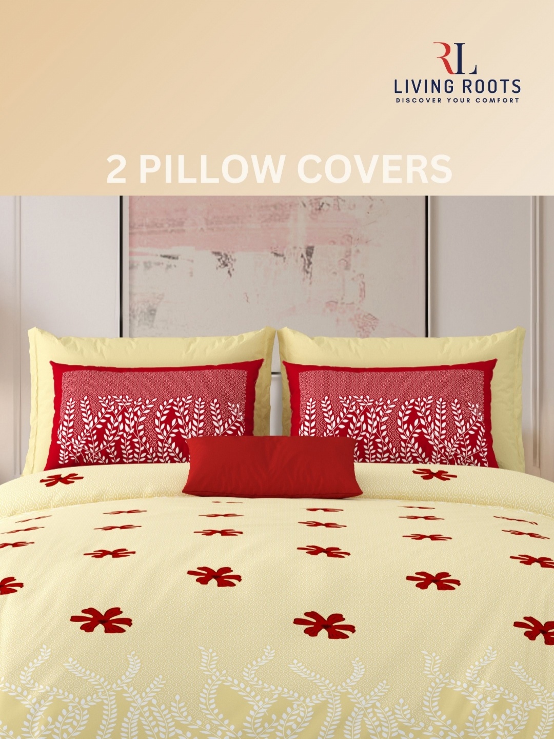 

LIVING ROOTS Yellow & Red Floral 210 TC King Bedsheet with 2 Pillow Covers