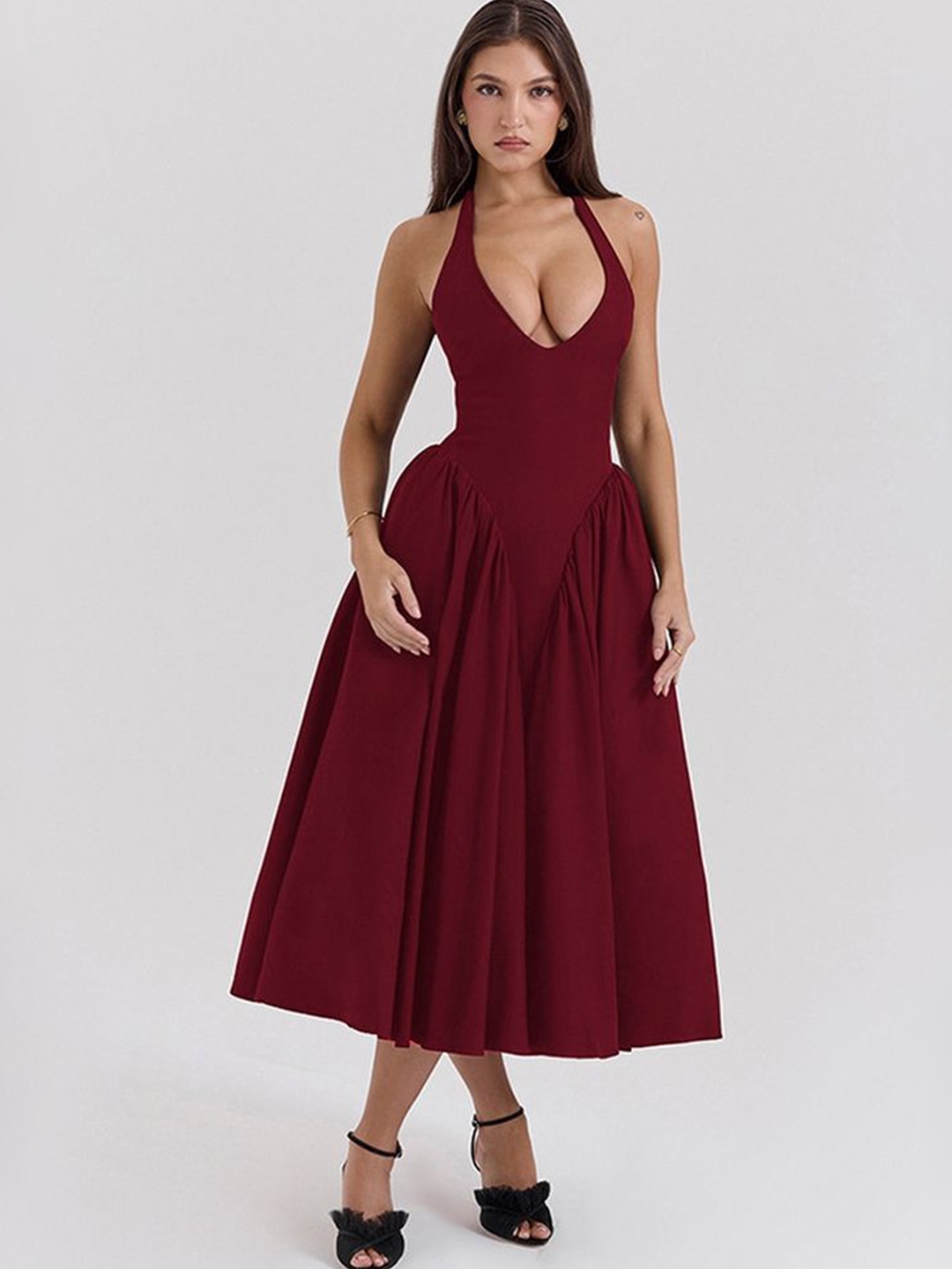 

LULU & SKY Halter Neck Fit & Flare Midi Dress, Burgundy