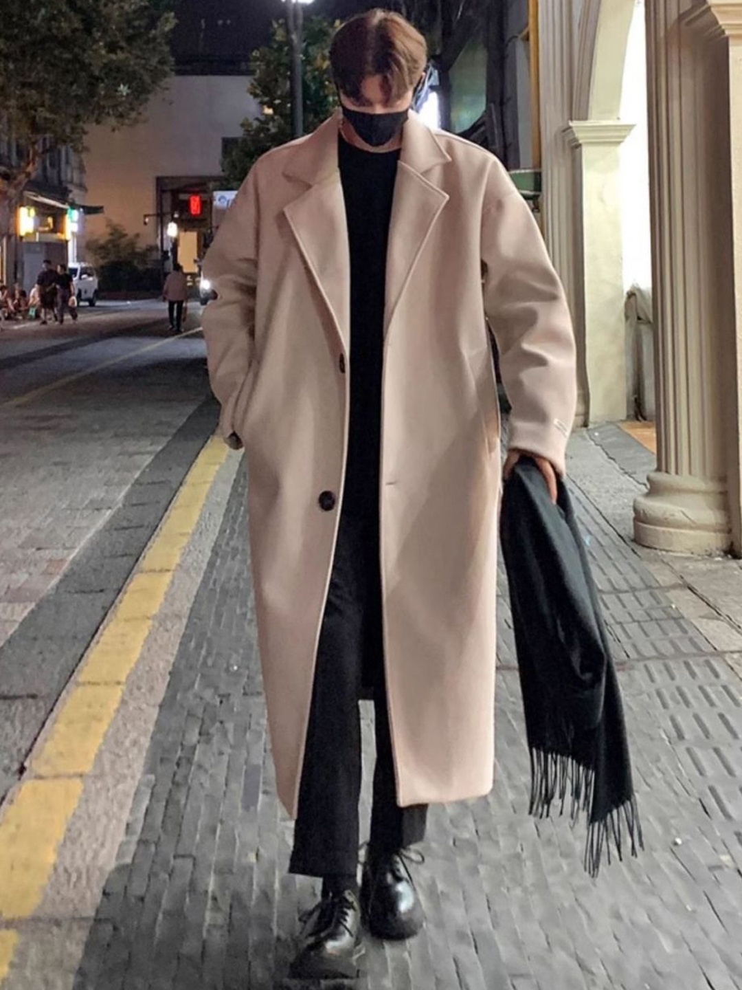 

HERE&NOW Men Solid Notched Lapel Collar Casual Overcoat, Beige