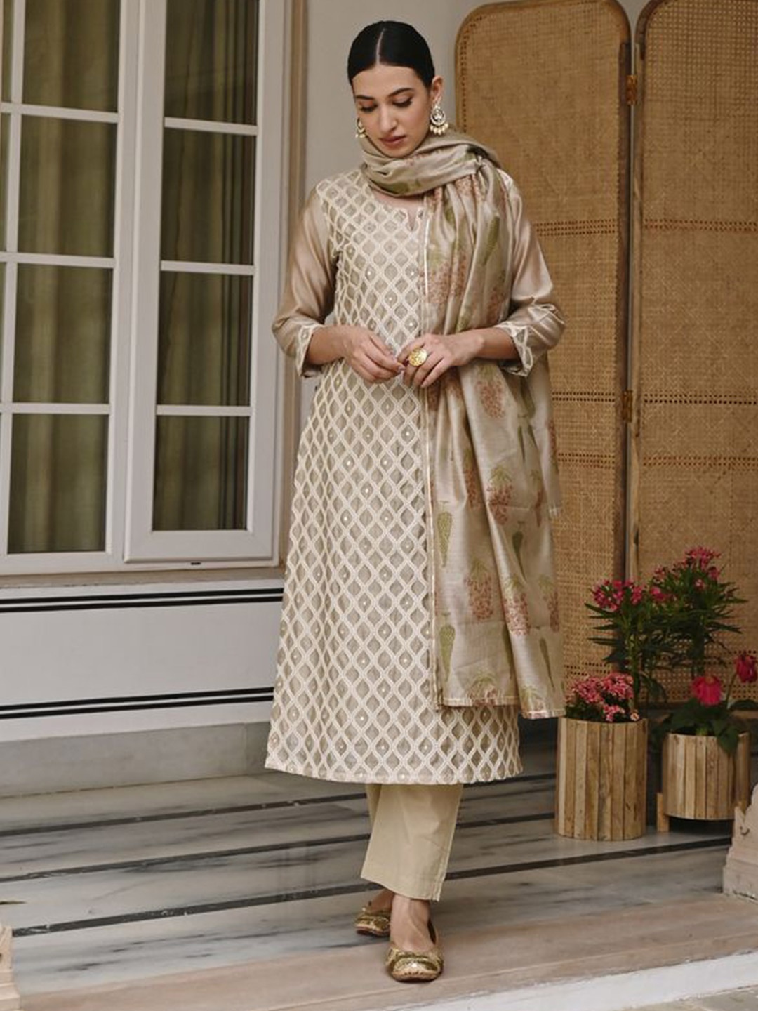 

KARAJ JAIPUR Embroidered Thread Work Chanderi Cotton Kurta With Trousers & Dupatta, Beige