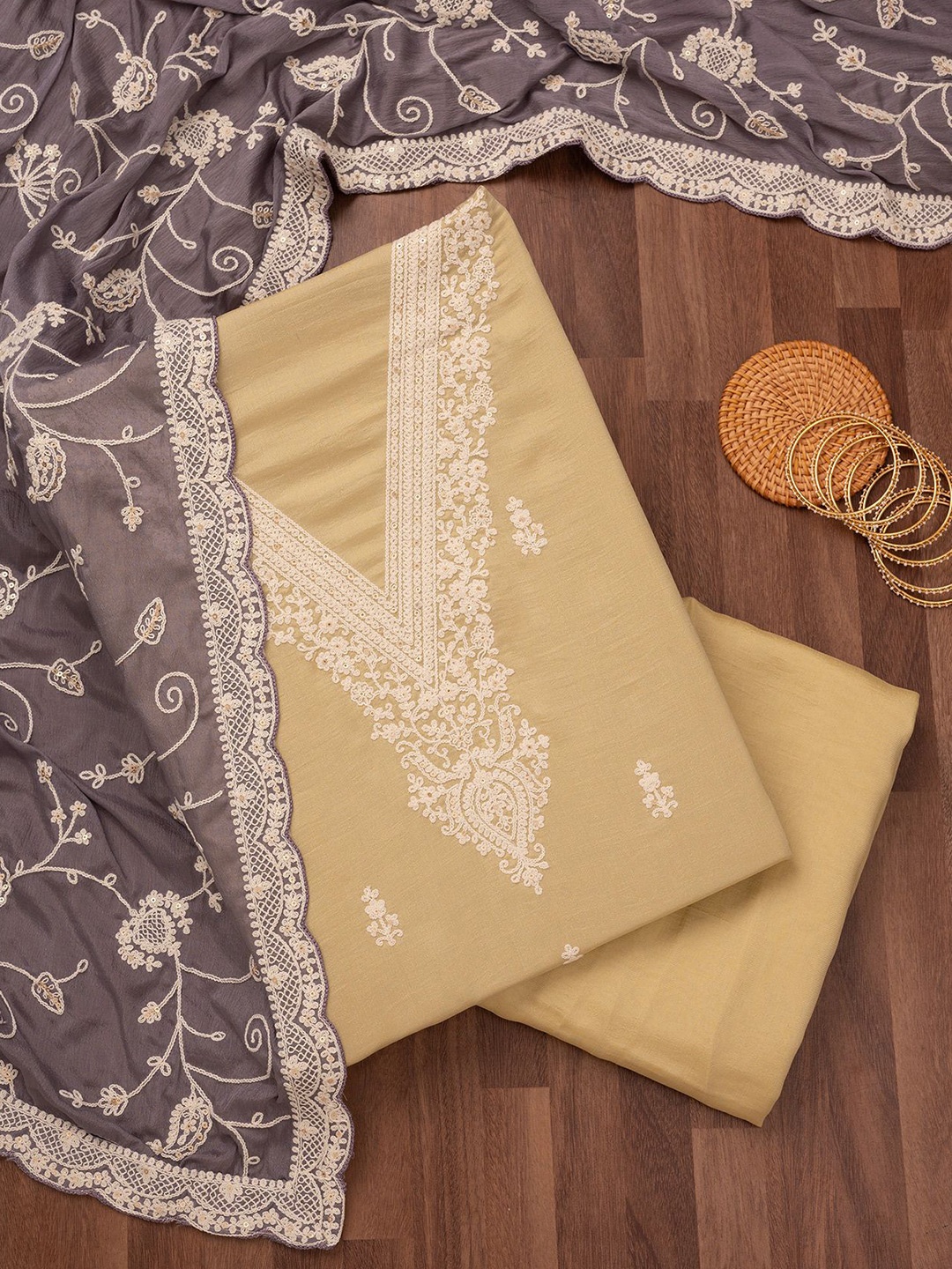 

Koskii Floral Embroidered Thread Work Unstitched Dress Material, Gold