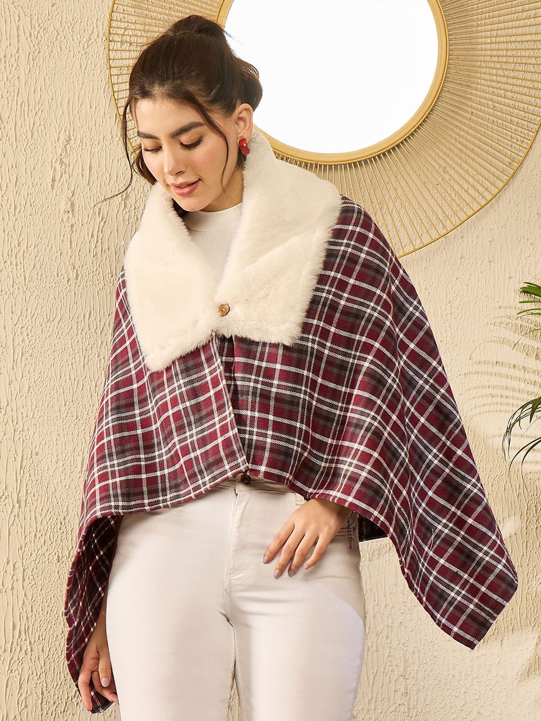 

InWeave Women Checked Acrylic Crop Poncho with Fuzzy Detail, Burgundy