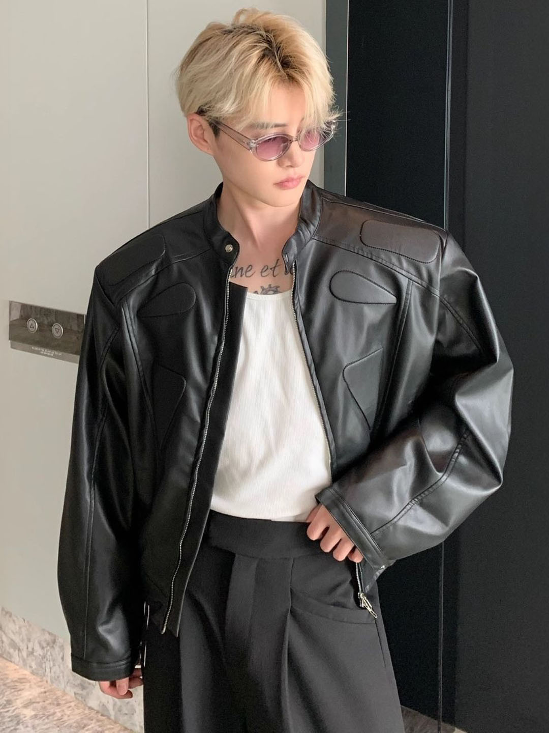 

HERE&NOW Men Mandarin Collar Solid Leather Casual Leather Jacket, Black
