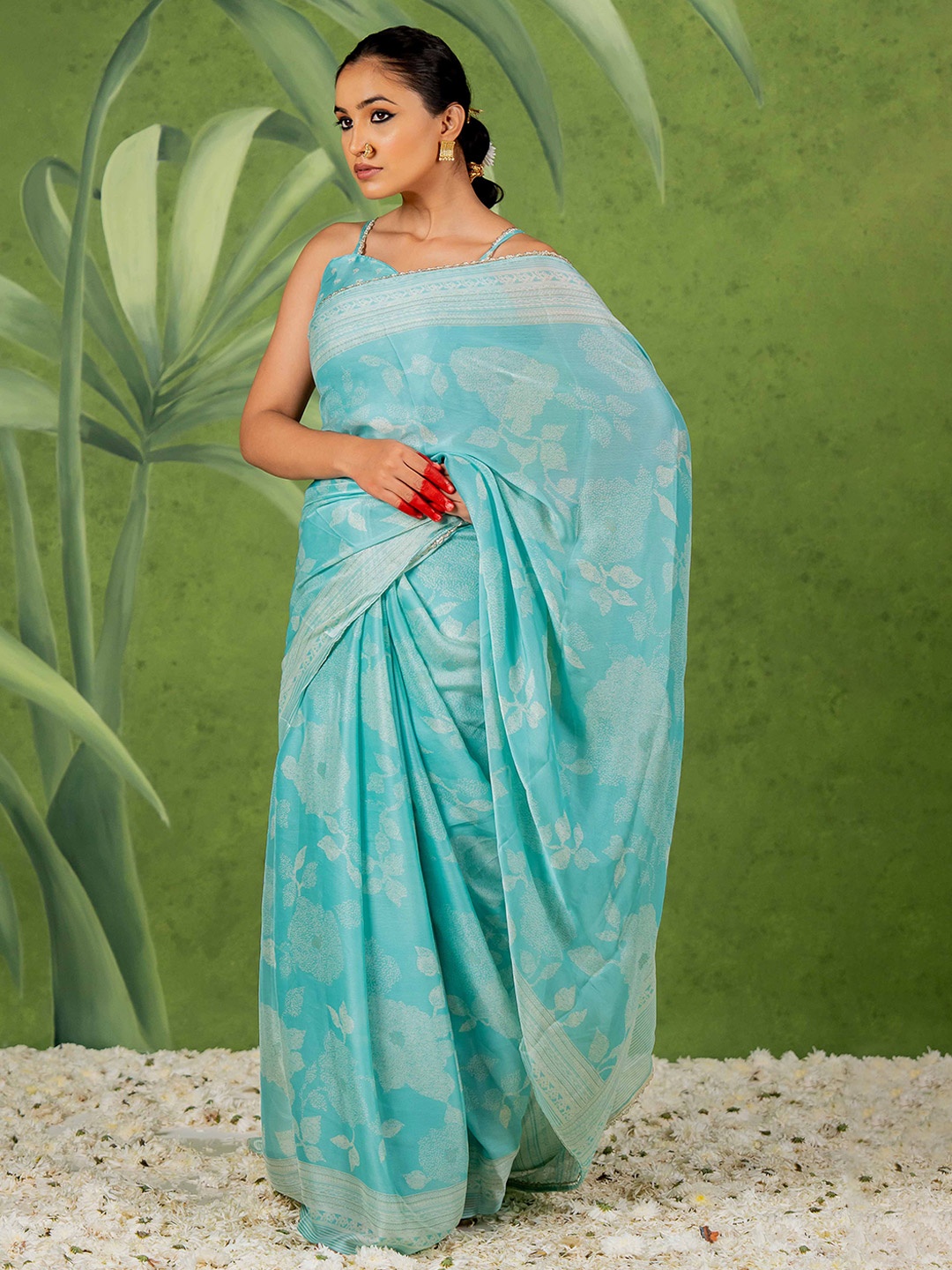 

KALINI Floral Poly Chiffon Saree, Turquoise blue