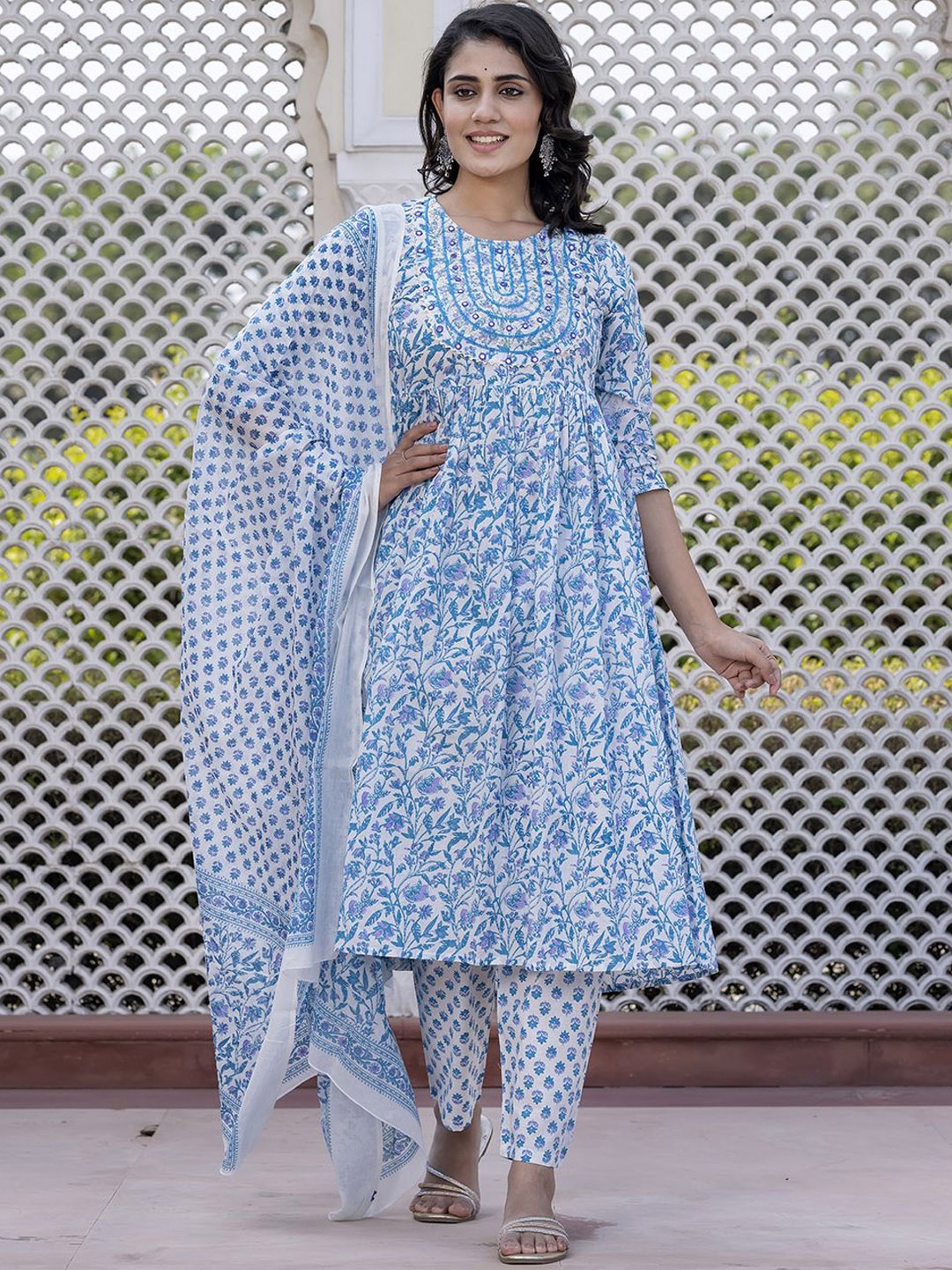 

KALINI Floral Printed Mirror Work Anarkali Pure Cotton Kurta With Trousers & Dupatta, Turquoise blue