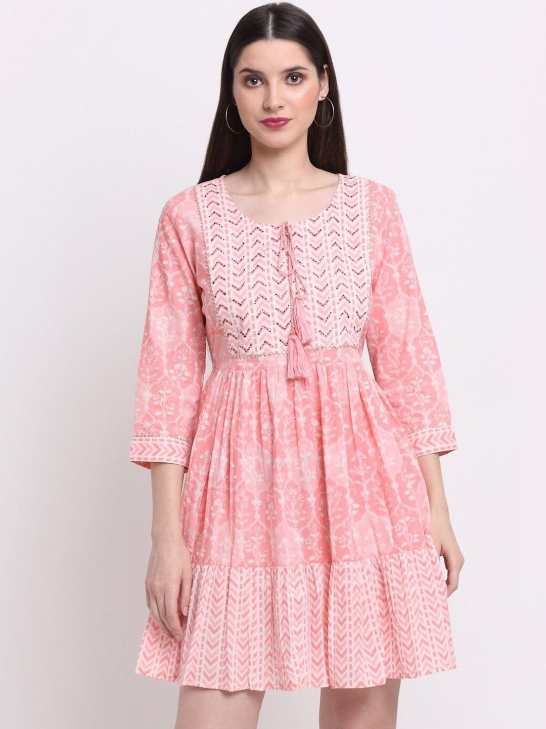 

Handish Floral Print Tie-Up Neck Fit & Flare Dress, Peach