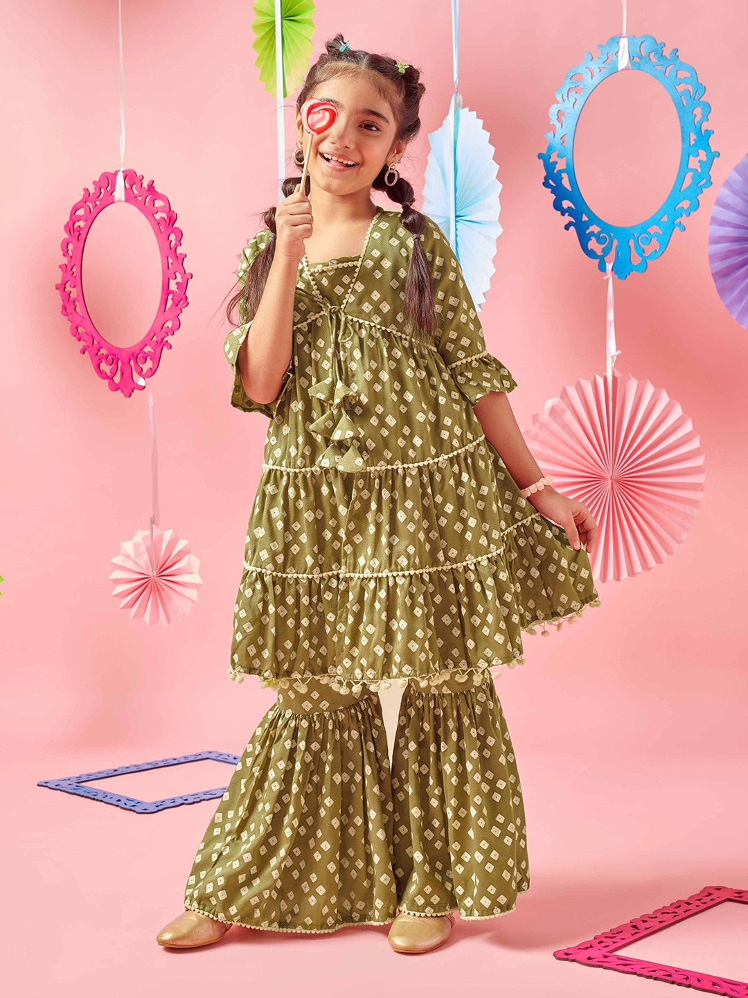 

MASTARANG Girls Bandhani Printed Crop Top & Sharara With Pom Pom Laced Jacket, Green
