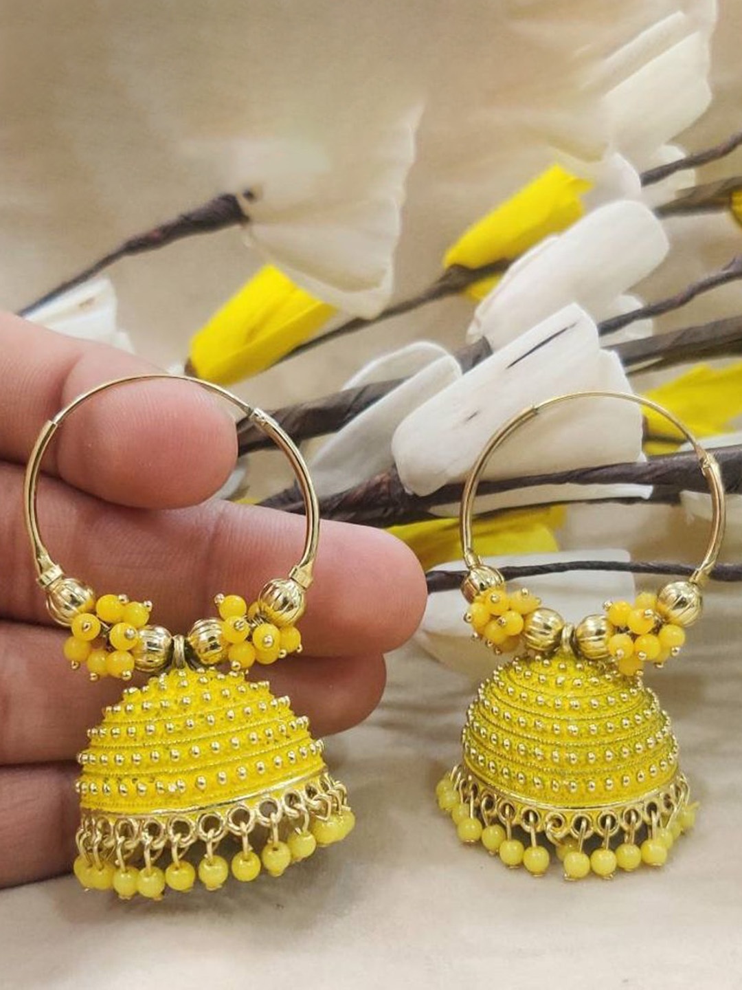 

JMBW INTERNATIONAL Gold-Plated Dome Shaped Stone Studded Antique Jhumkas, Yellow